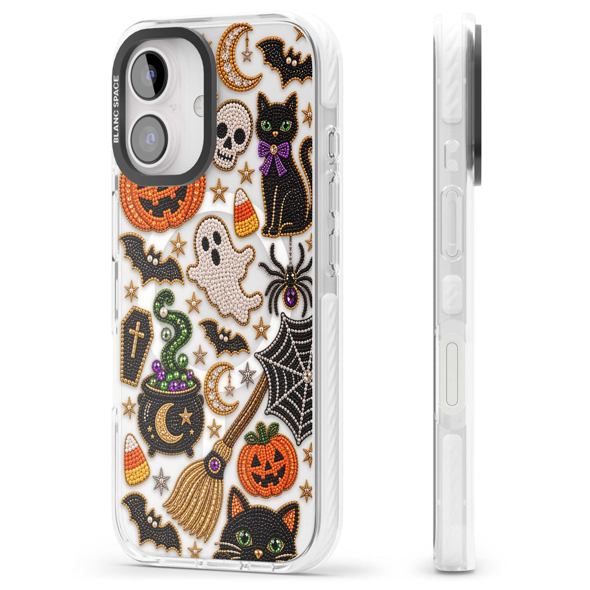 Beaded Halloween Halloween iPhone case featuring beaded pumpkins, ghosts, black cats and bats | Impact Magsafe case for iPhone 16, iPhone 16 Plus