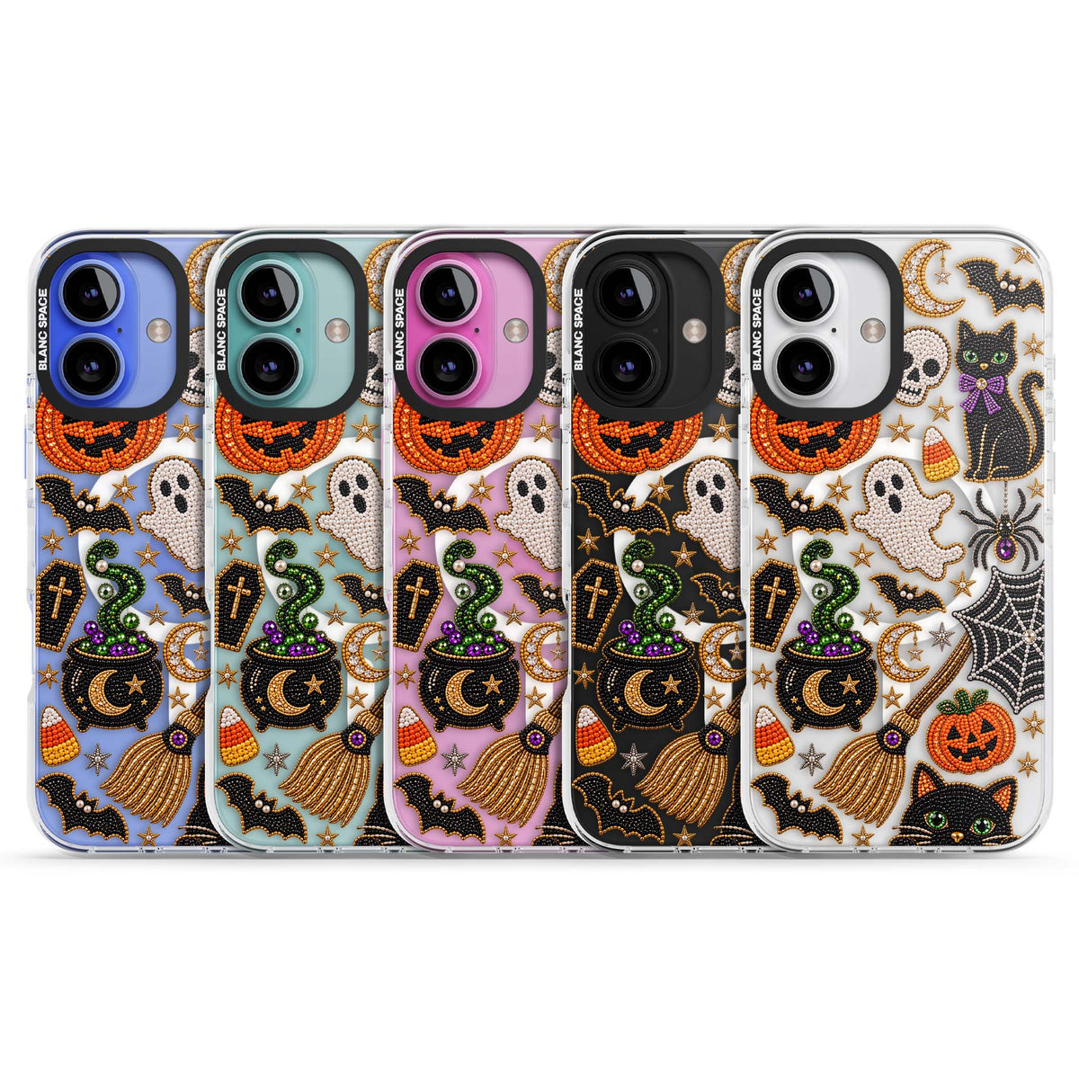 Beaded Halloween Halloween iPhone case featuring beaded pumpkins, ghosts, black cats and bats | Impact Magsafe case for iPhone 16, iPhone 16 Plus