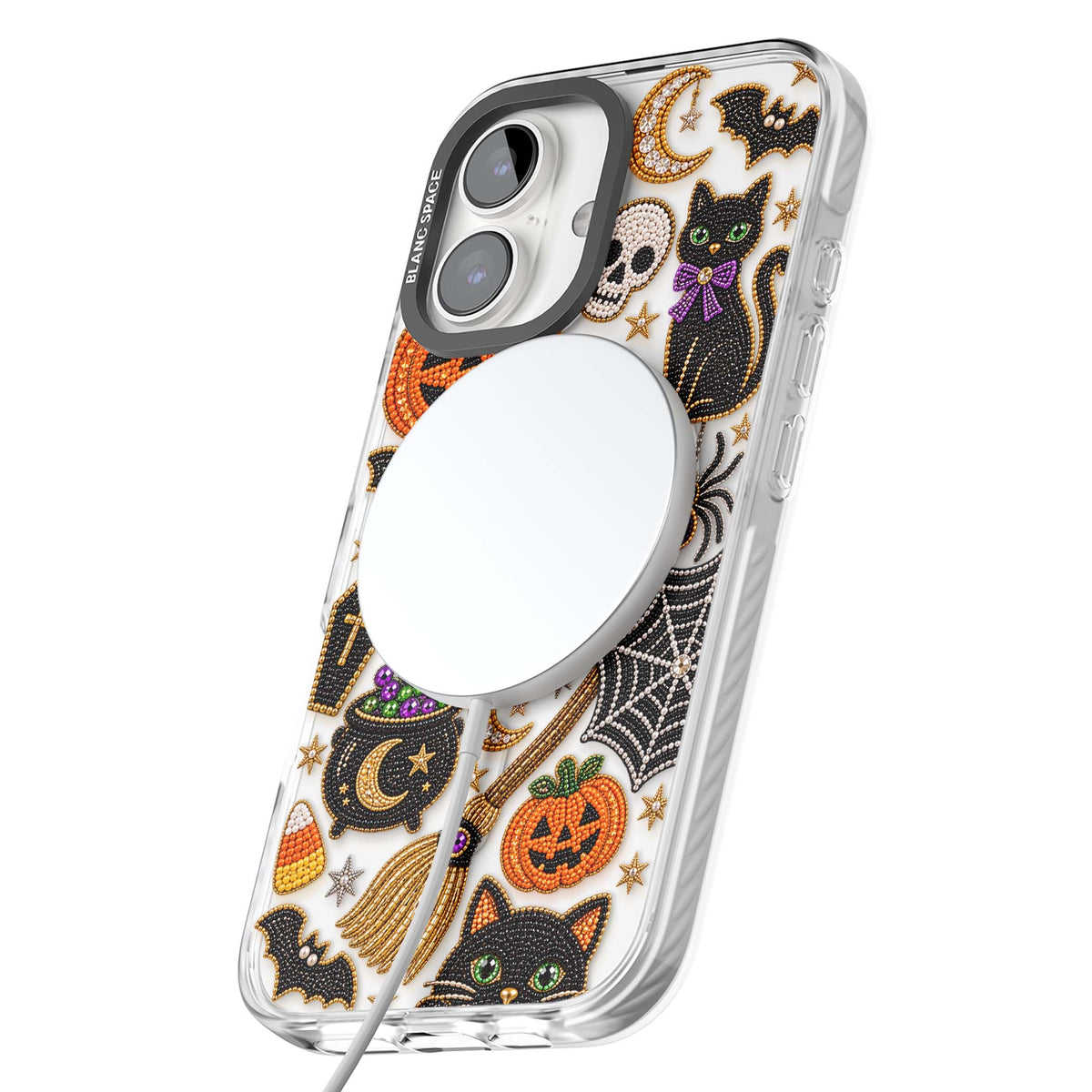 Beaded Halloween Halloween iPhone case featuring beaded pumpkins, ghosts, black cats and bats | Impact Magsafe case for iPhone 16, iPhone 16 Plus