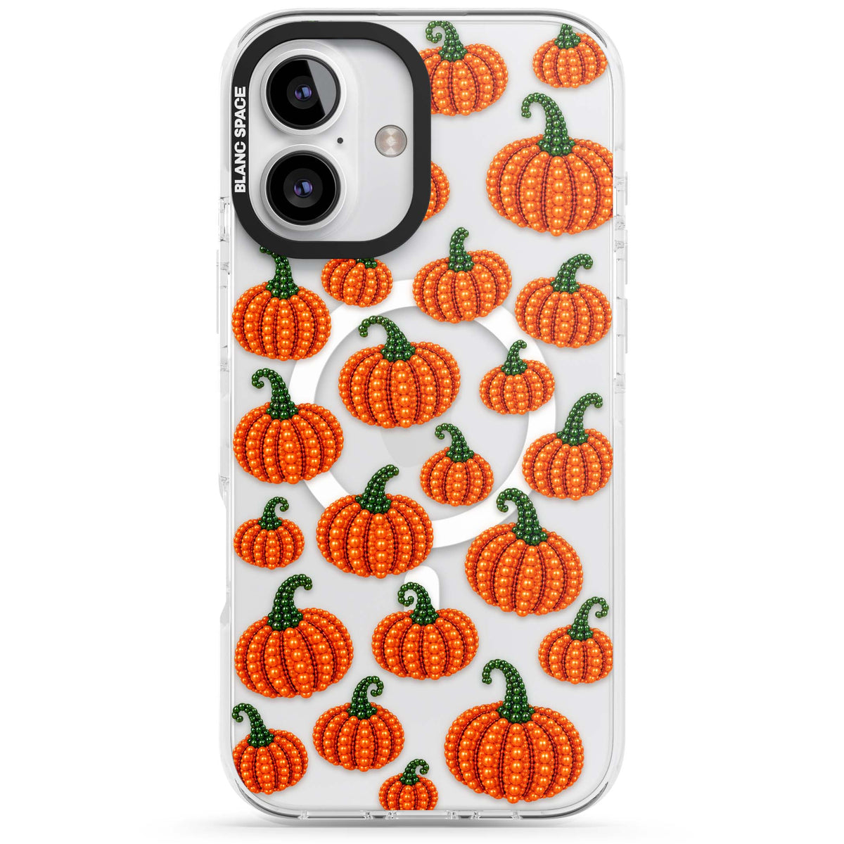 Beaded Pumpkins halloween iPhone case featuring beaded orange pumpkins with green stems on a clear background | Impact Magsafe case for iPhone 16, iPhone 16 Plus