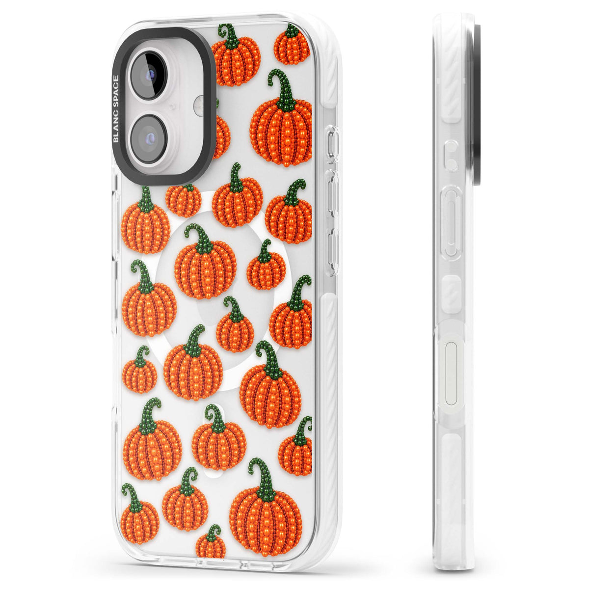Beaded Pumpkins halloween iPhone case featuring beaded orange pumpkins with green stems on a clear background | Impact Magsafe case for iPhone 16, iPhone 16 Plus