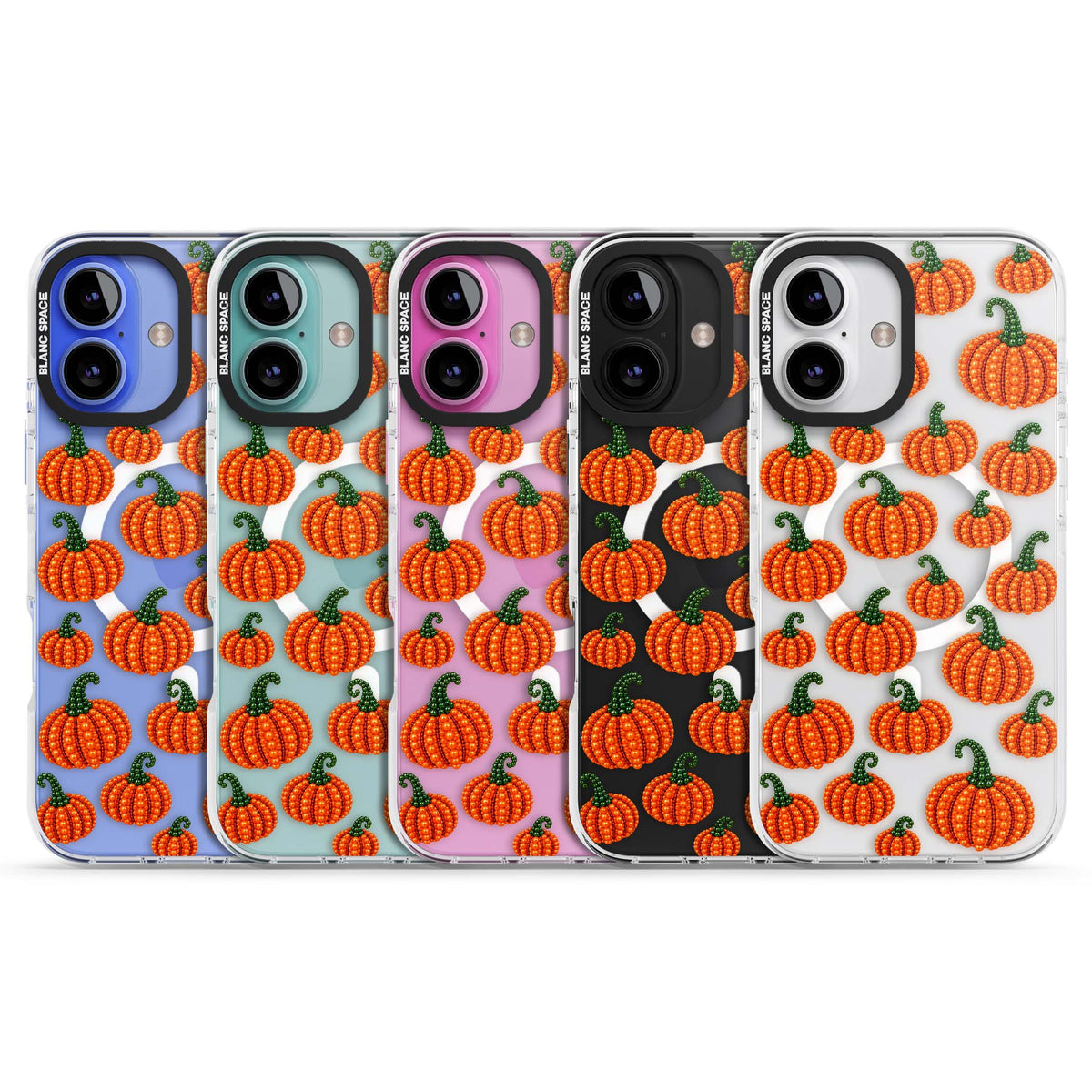 Beaded Pumpkins halloween iPhone case featuring beaded orange pumpkins with green stems on a clear background | Impact Magsafe case for iPhone 16, iPhone 16 Plus