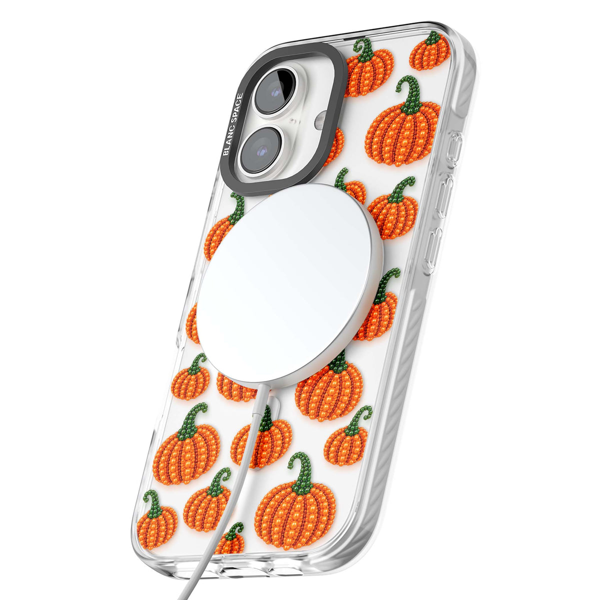 Beaded Pumpkins halloween iPhone case featuring beaded orange pumpkins with green stems on a clear background | Impact Magsafe case for iPhone 16, iPhone 16 Plus