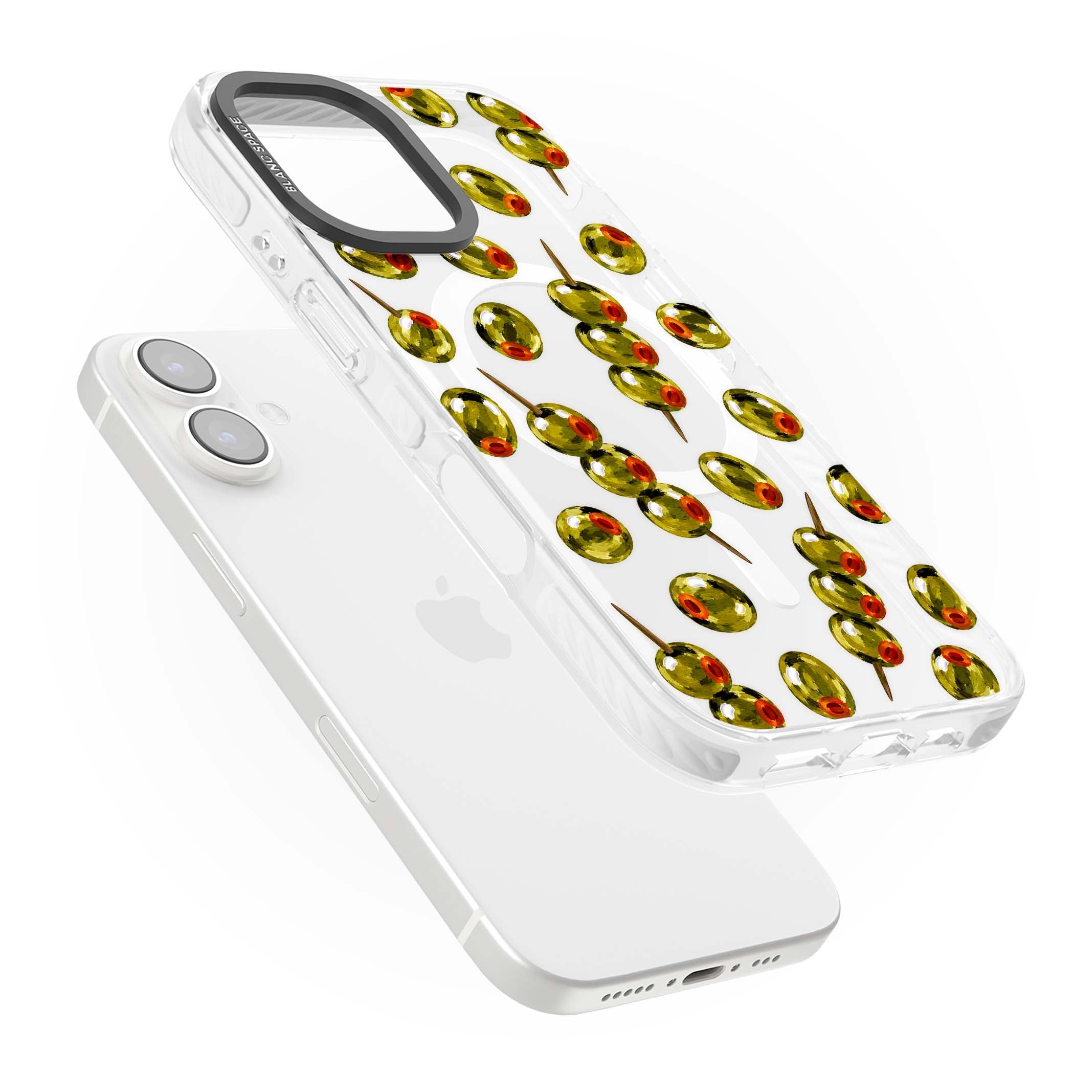 Painted Olives cocktail iPhone case featuring green olives, pimento centres and toothpick skewers on a clear background | Impact Magsafe case for iPhone 16, iPhone 16 Plus