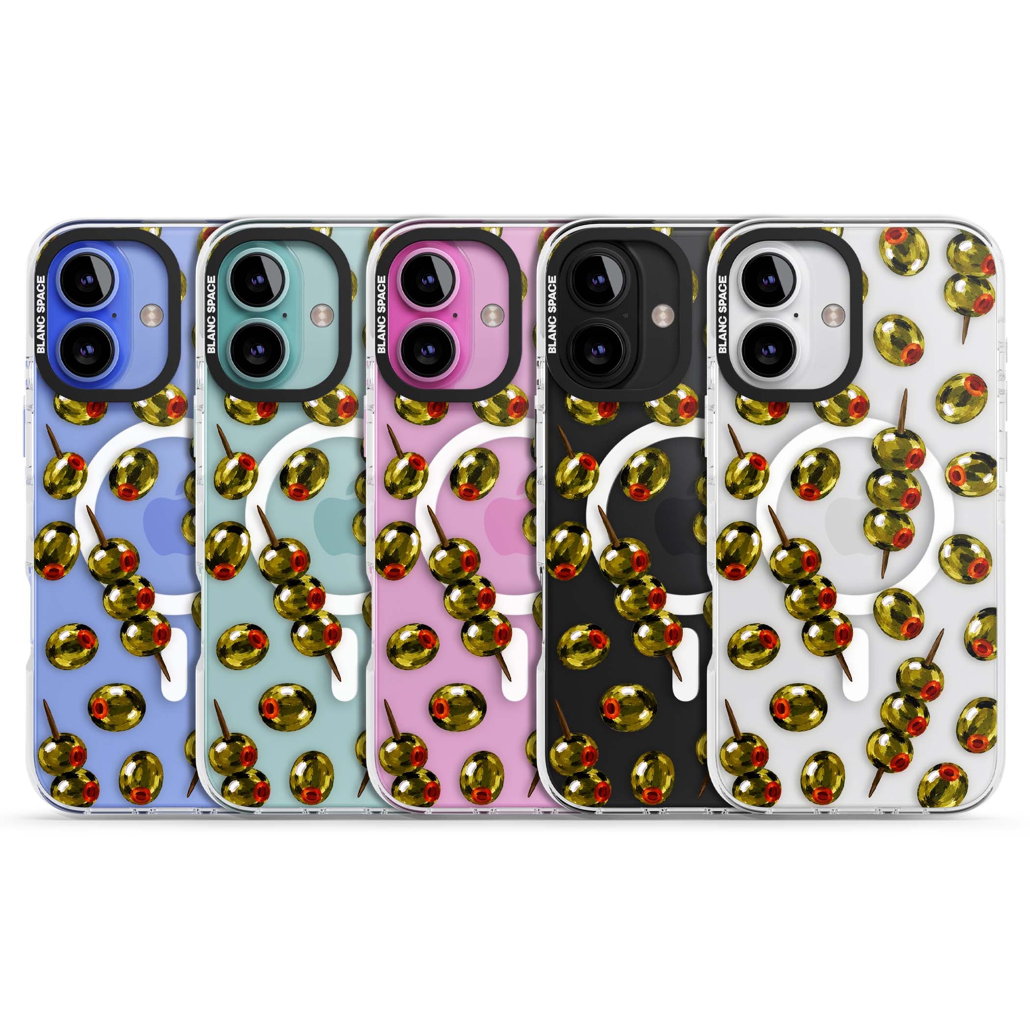 Painted Olives cocktail iPhone case featuring green olives, pimento centres and toothpick skewers on a clear background | Impact Magsafe case for iPhone 16, iPhone 16 Plus