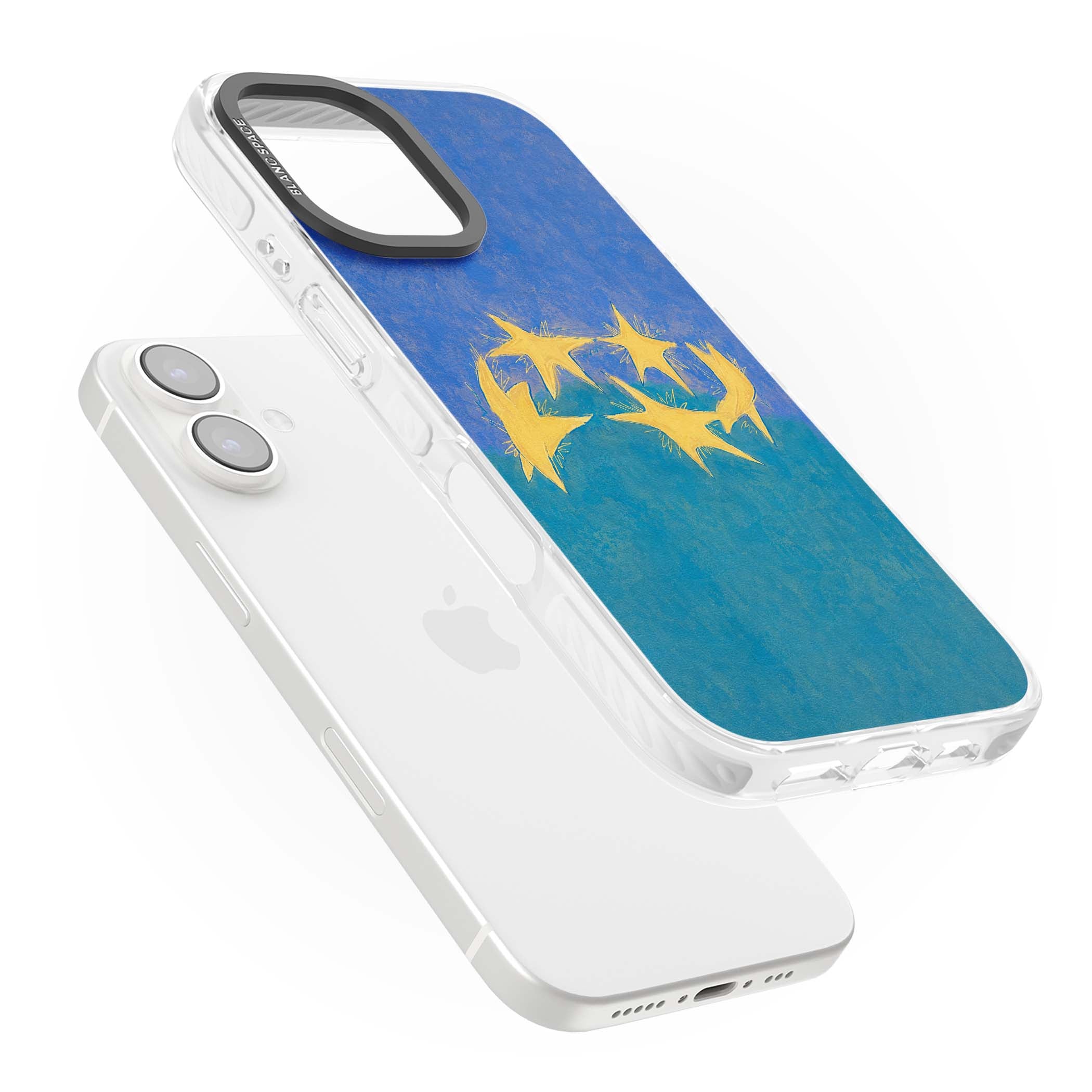 Star Boogie stars aesthetic iPhone case featuring five yellow hand-painted stars on cobalt blue and teal | Impact Magsafe case for iPhone 16, iPhone 16 Plus