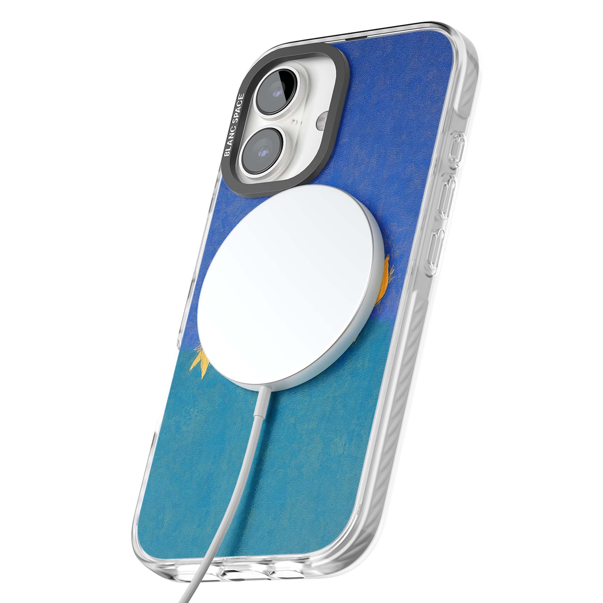Star Boogie stars aesthetic iPhone case featuring five yellow hand-painted stars on cobalt blue and teal | Impact Magsafe case for iPhone 16, iPhone 16 Plus