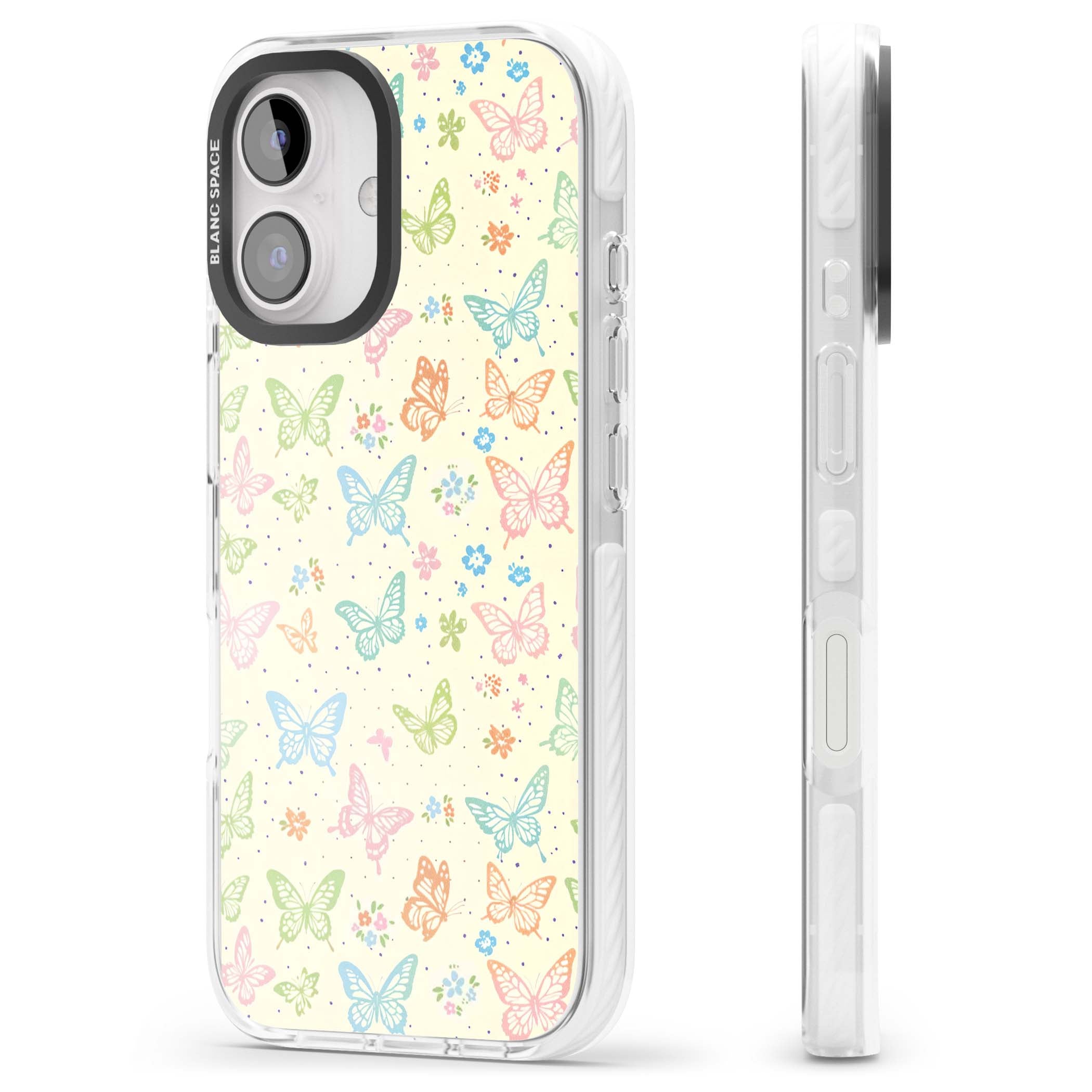 Sugar Wings cottagecore iPhone case featuring rainbow pastel butterflies, tiny wildflowers, and a cream background | Impact Magsafe case for iPhone 16, iPhone 16 Plus