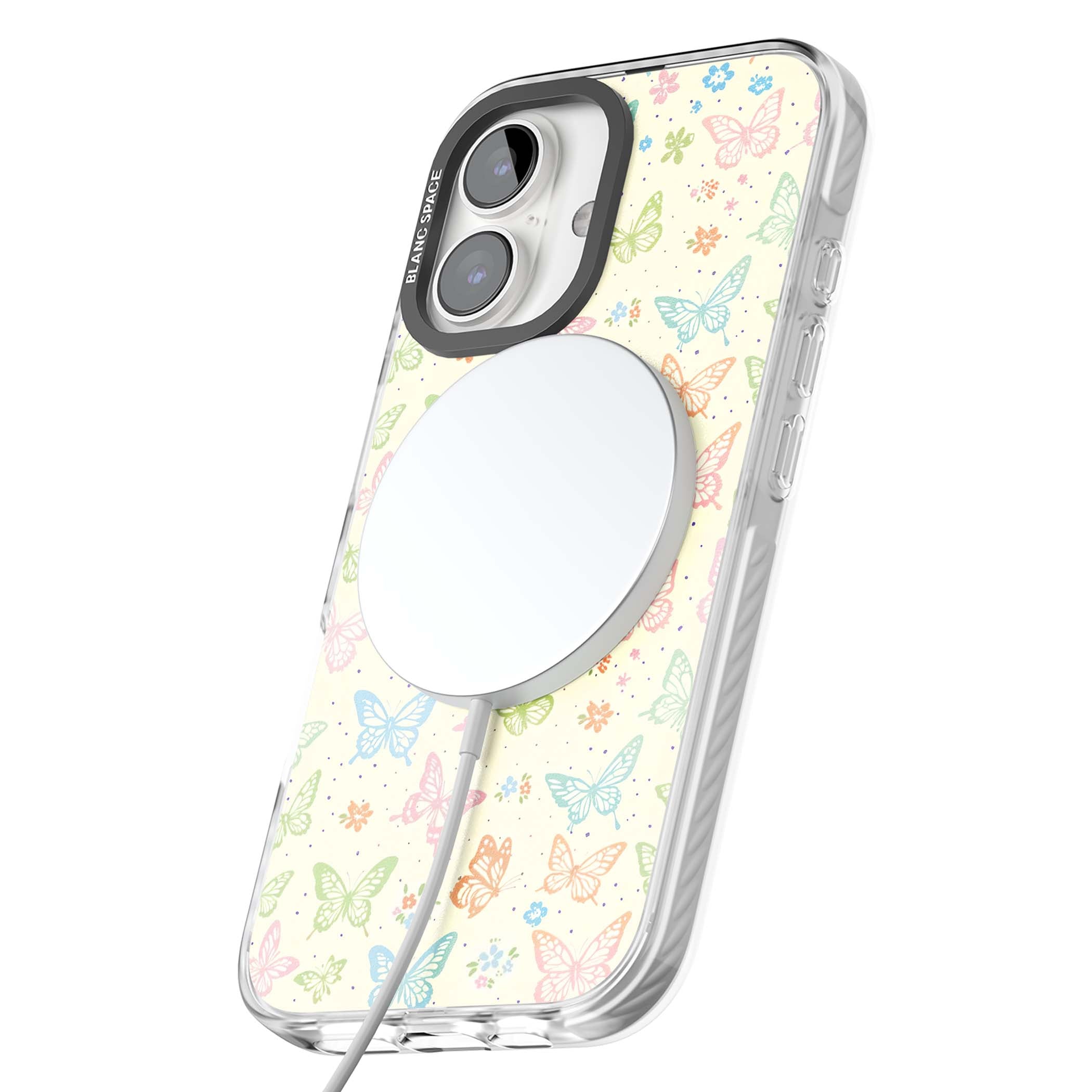 Sugar Wings cottagecore iPhone case featuring rainbow pastel butterflies, tiny wildflowers, and a cream background | Impact Magsafe case for iPhone 16, iPhone 16 Plus