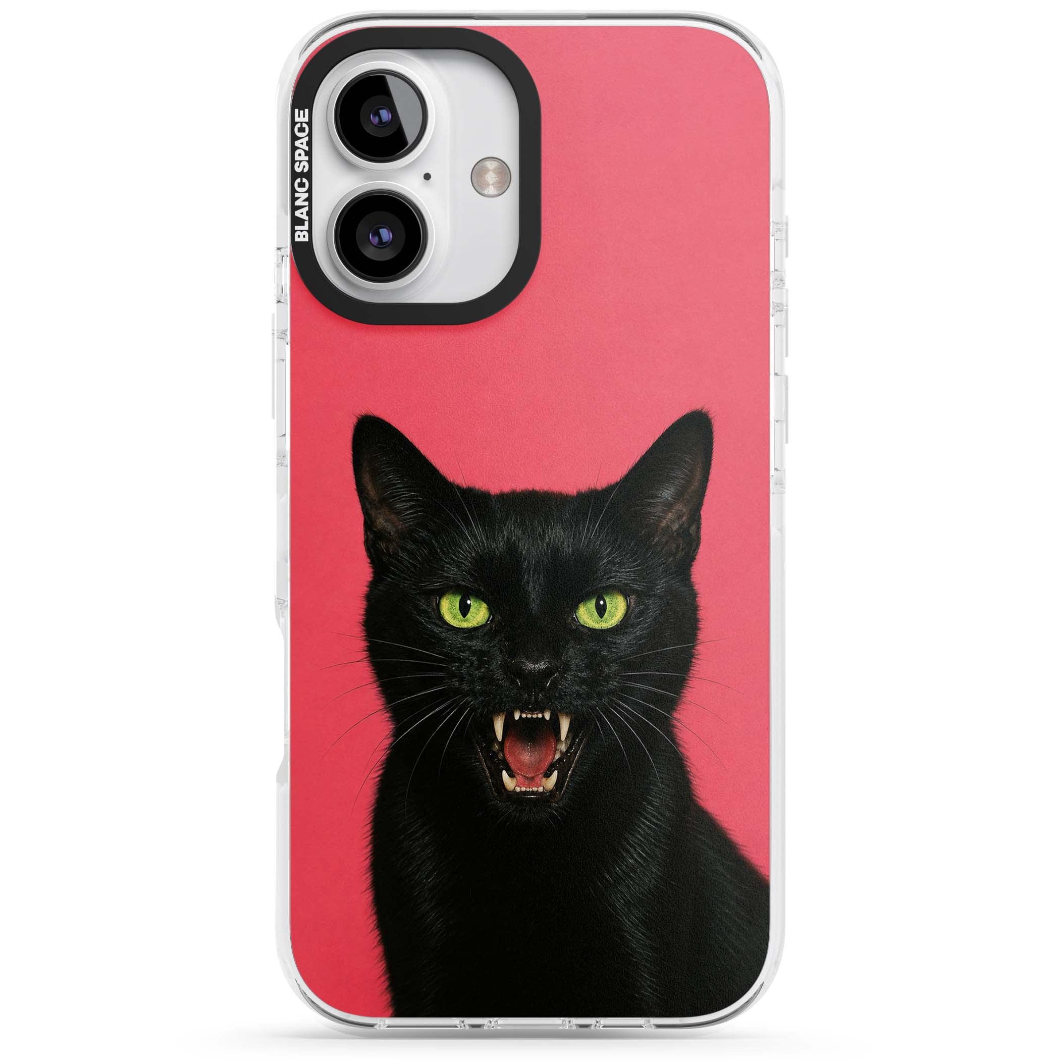 Hissin' Baddie black cat iPhone case featuring a hissing feline with green eyes on a hot pink background | Impact Magsafe case for iPhone 16, iPhone 16 Plus