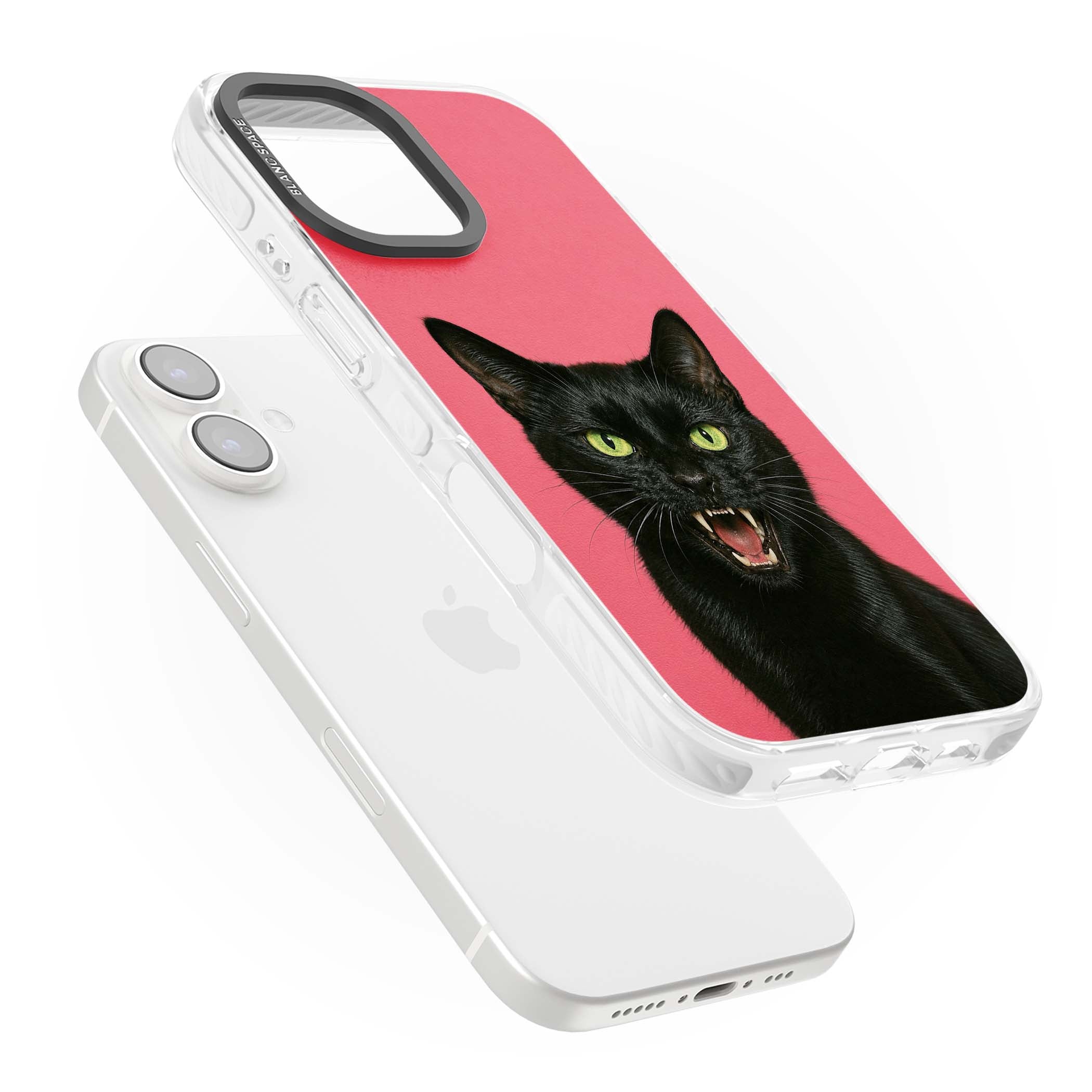 Hissin' Baddie black cat iPhone case featuring a hissing feline with green eyes on a hot pink background | Impact Magsafe case for iPhone 16, iPhone 16 Plus