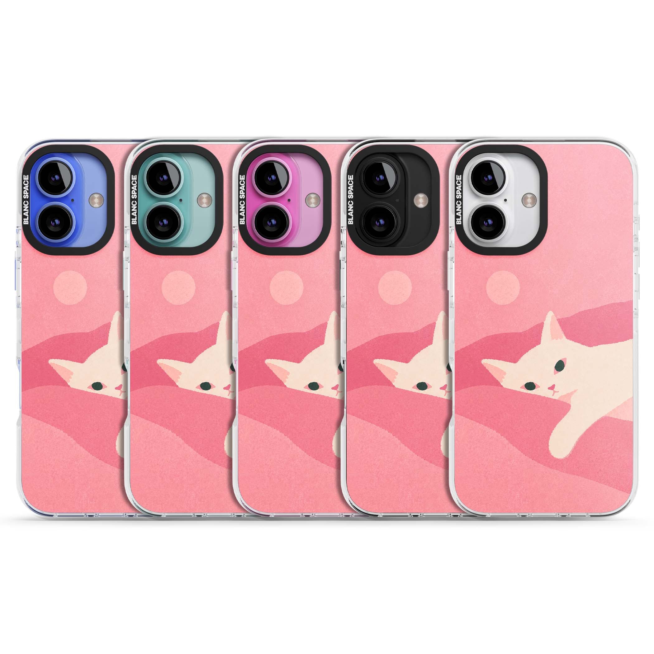 Pink Dreams cute cat iPhone case featuring a white kitten, soft pink hills and a pale pastel sun | Impact Magsafe case for iPhone 16, iPhone 16 Plus