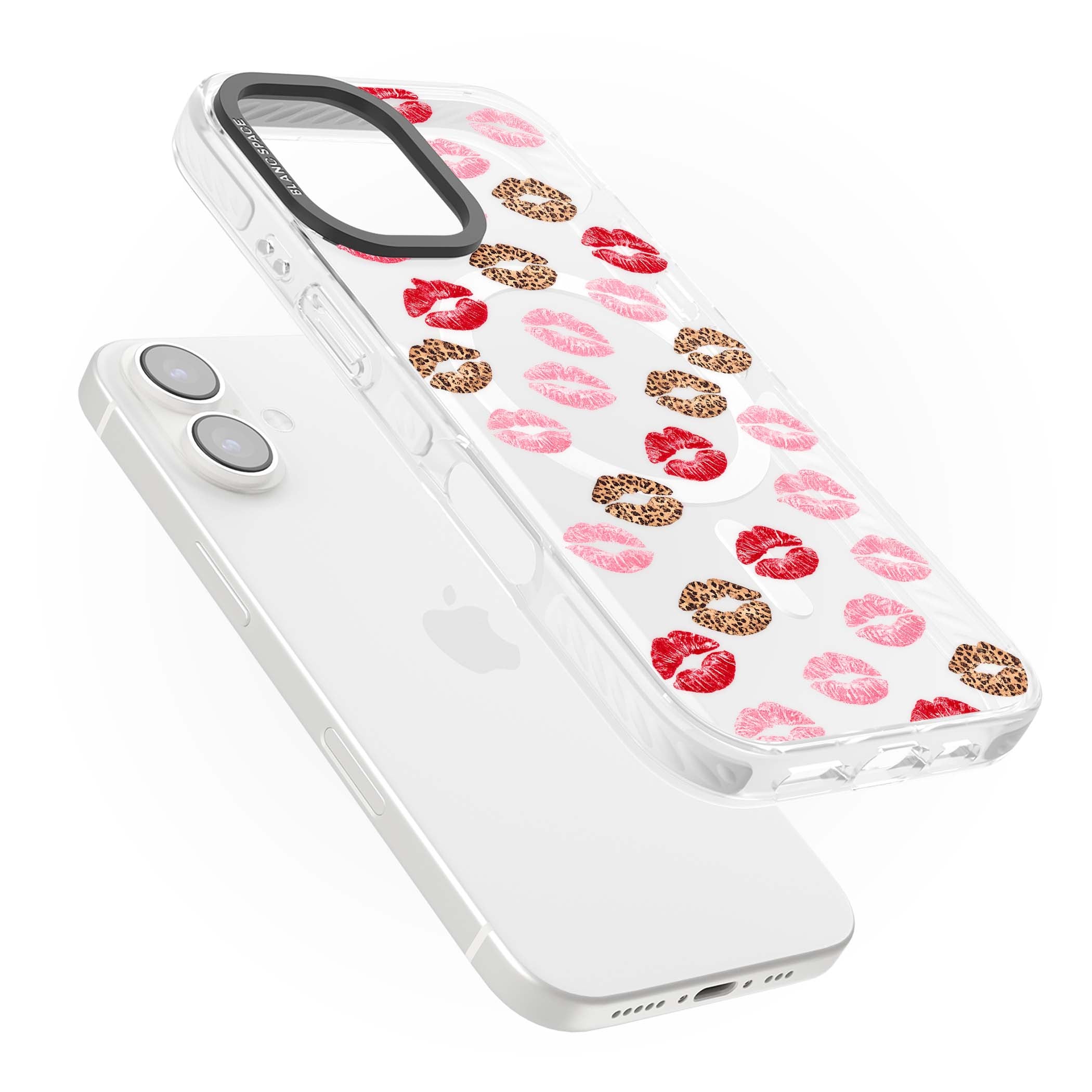Wild Kisses coquette iPhone case featuring red, pink and leopard print lipstick kiss marks on a clear background | Impact Magsafe case for iPhone 16, iPhone 16 Plus