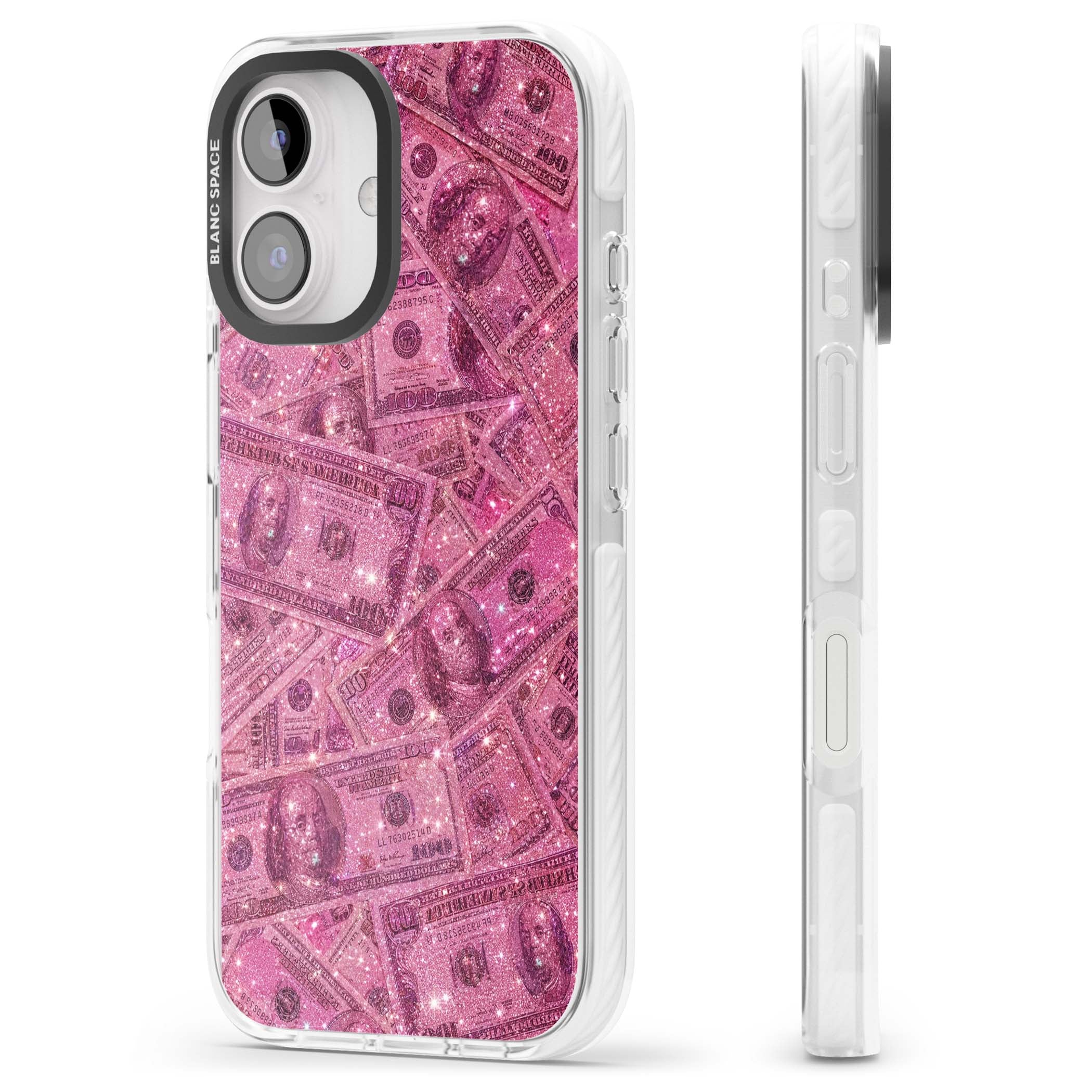 Glamorous baddie iPhone case featuring pink glitter hundred dollar bills and sparkling money wallpaper design | Impact Magsafe case for iPhone 16, iPhone 16 Plus