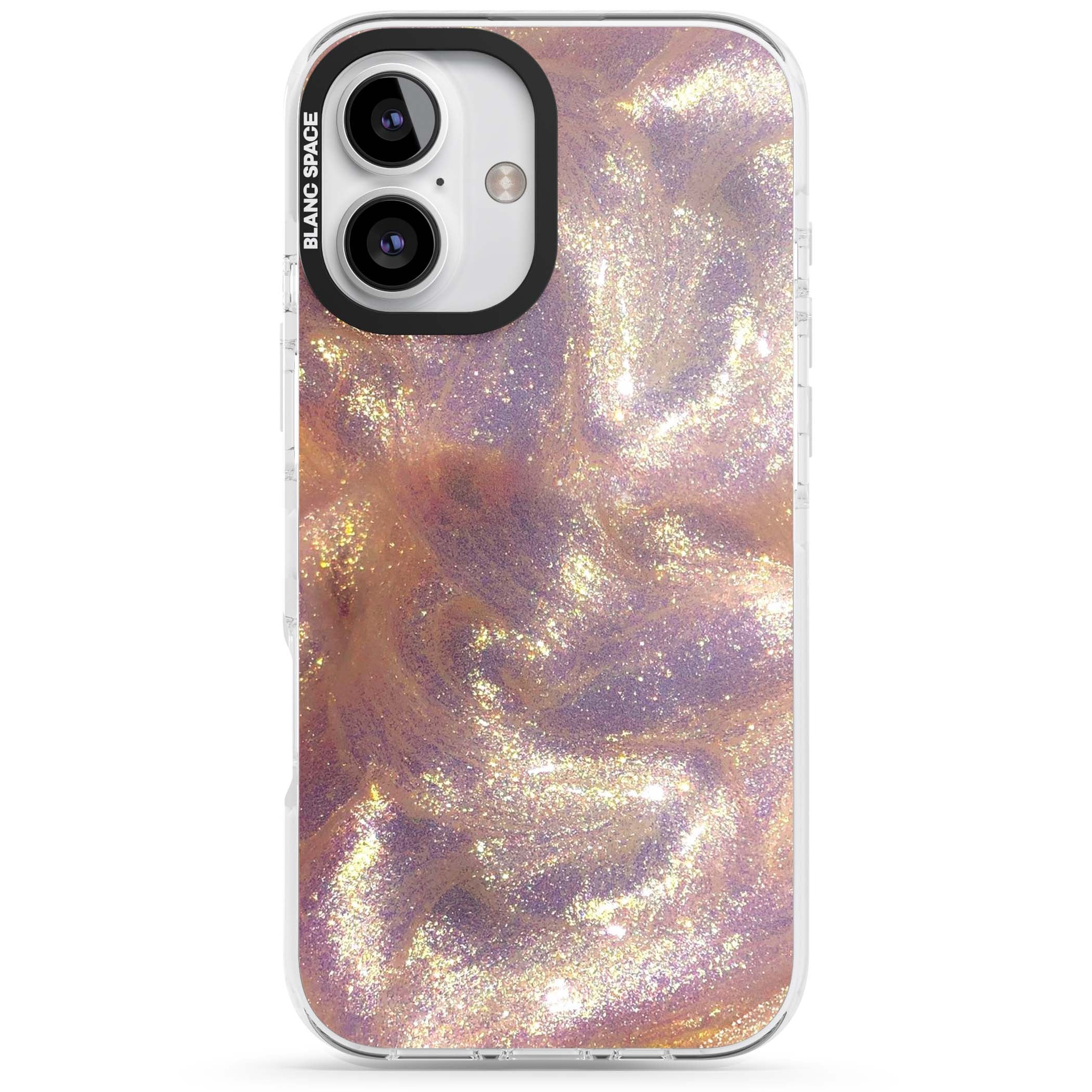 Shimmer marble iPhone case featuring rose gold glitter swirls, lilac shimmer and iridescent pearl finish | Impact Magsafe case for iPhone 16, iPhone 16 Plus