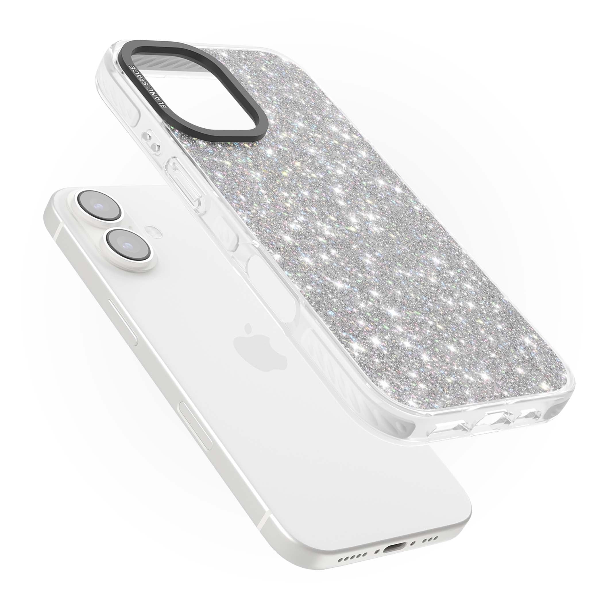 Diamond glam iPhone case featuring silver glitter sparkle and shimmering diamond dust effect | Impact Magsafe case for iPhone 16, iPhone 16 Plus