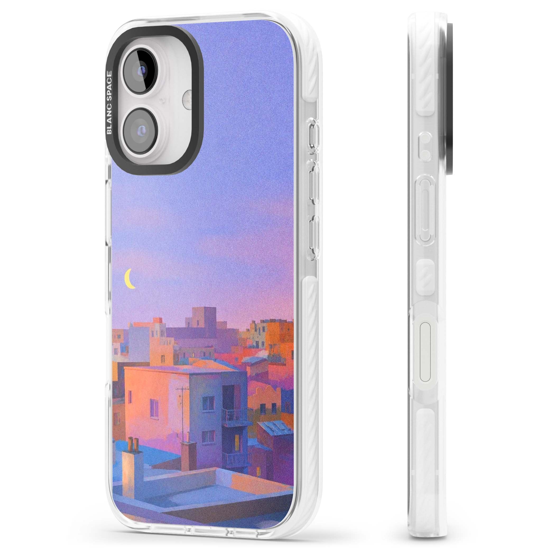 Twilight Rooftops vaporwave iPhone case featuring a pastel sunset cityscape, painted rooftops and a crescent moon. | Impact Magsafe case for iPhone 16, iPhone 16 Plus