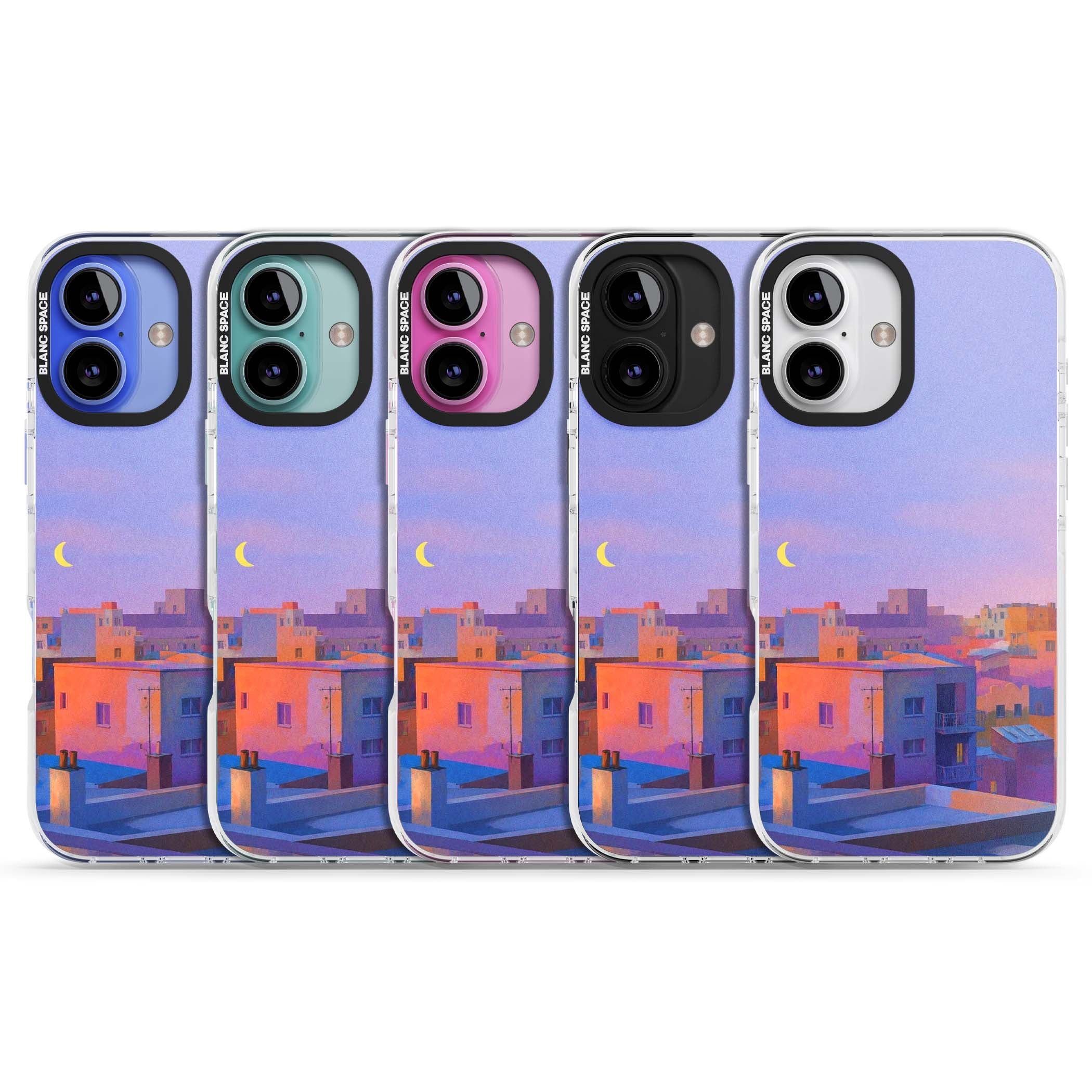 Twilight Rooftops vaporwave iPhone case featuring a pastel sunset cityscape, painted rooftops and a crescent moon. | Impact Magsafe case for iPhone 16, iPhone 16 Plus