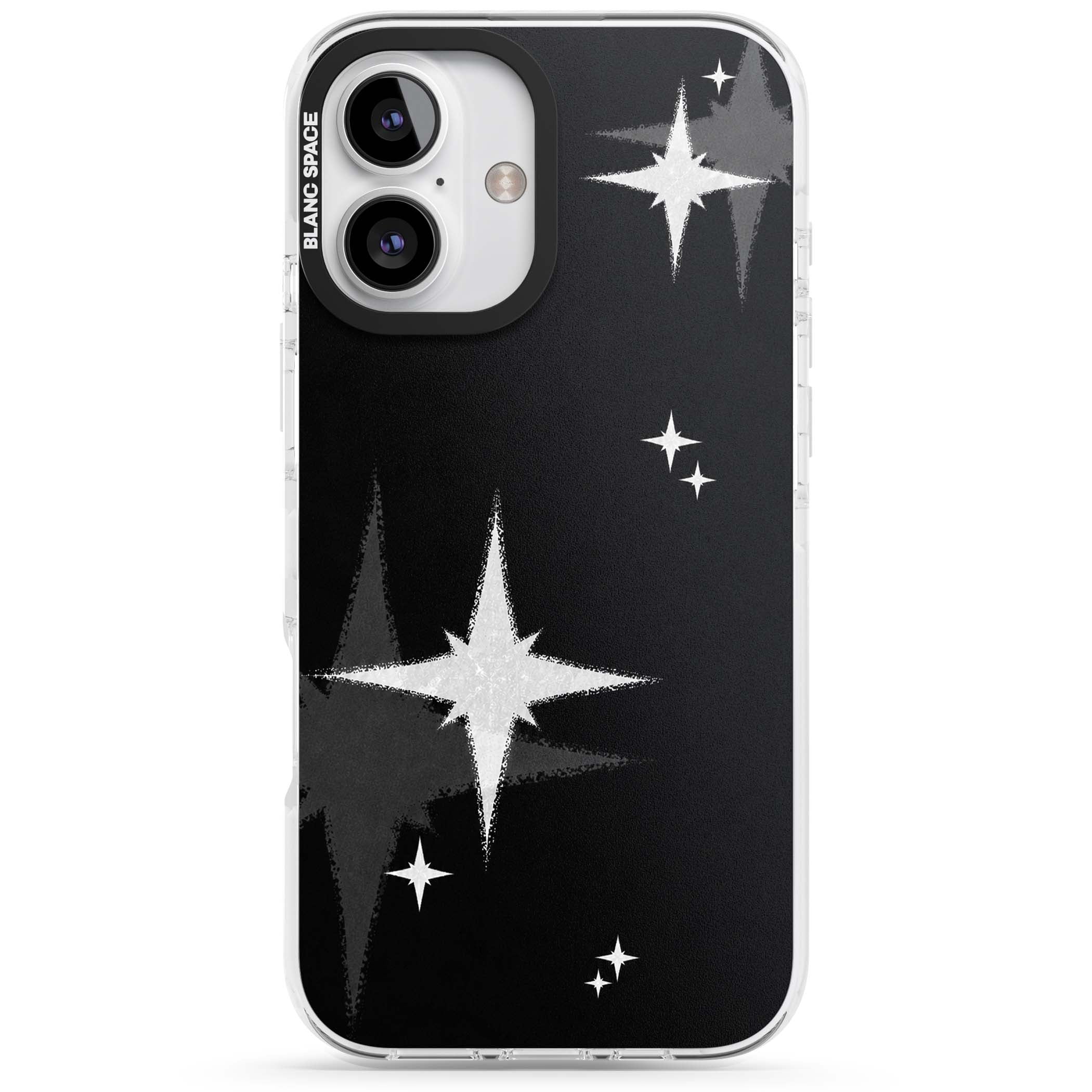 Black Sparkle celestial iPhone case featuring white sparkle stars on a black night sky background | Impact Magsafe case for iPhone 16, iPhone 16 Plus