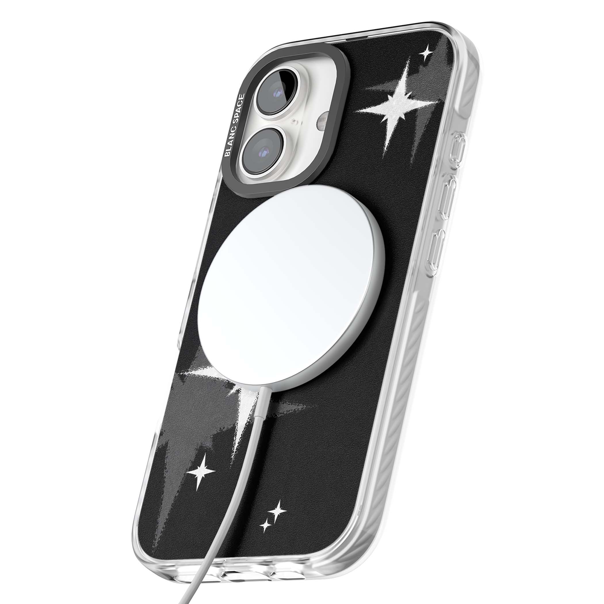 Black Sparkle celestial iPhone case featuring white sparkle stars on a black night sky background | Impact Magsafe case for iPhone 16, iPhone 16 Plus