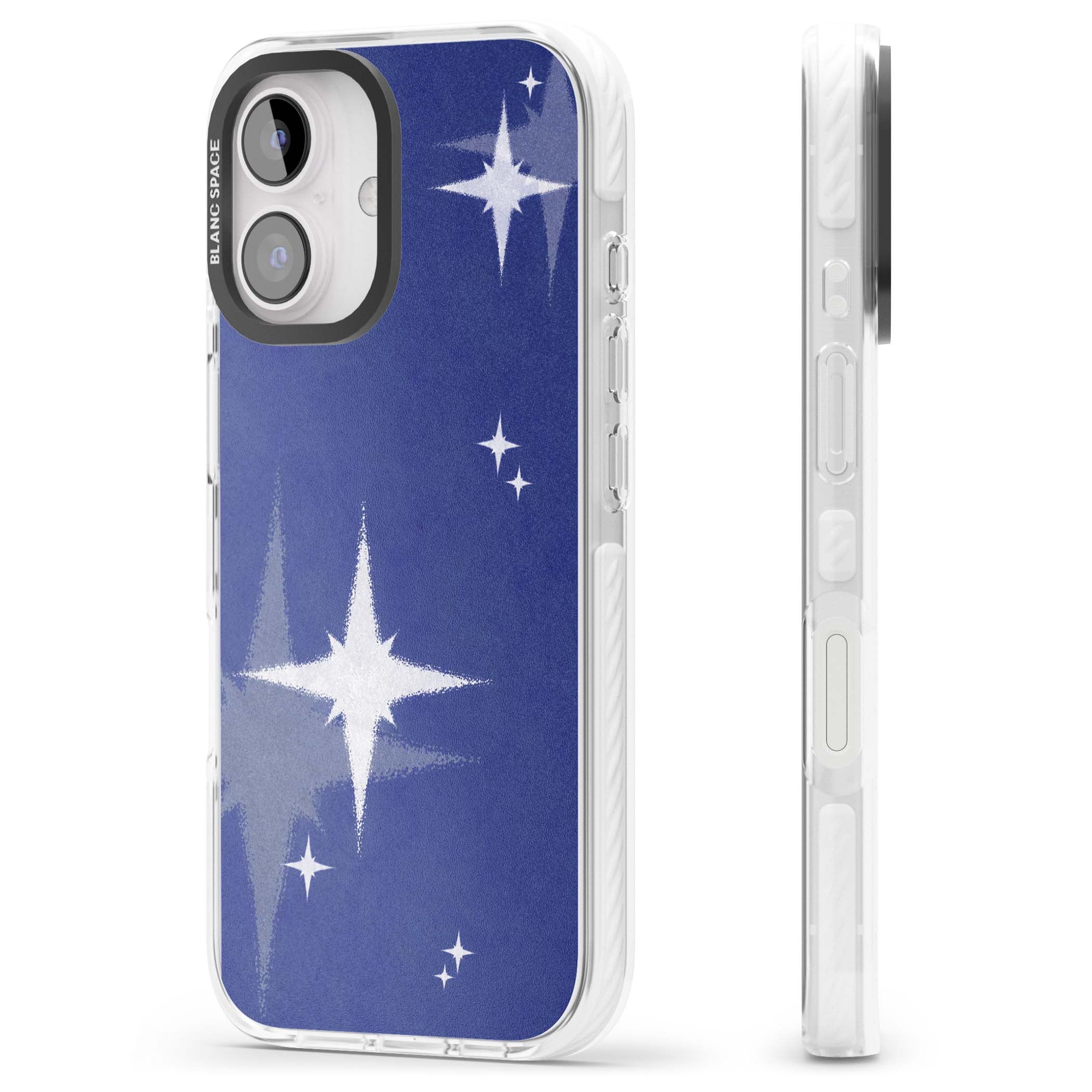Blue Sparkle celestial iPhone case featuring sparkling silver stars on a deep blue painterly night sky | Impact Magsafe case for iPhone 16, iPhone 16 Plus