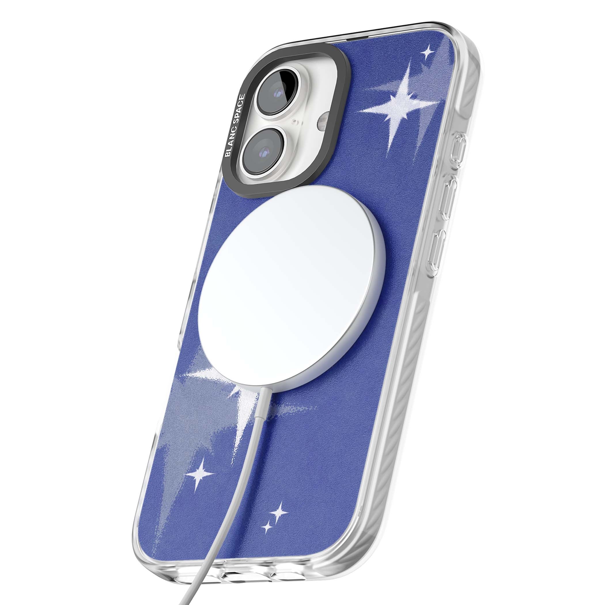 Blue Sparkle celestial iPhone case featuring sparkling silver stars on a deep blue painterly night sky | Impact Magsafe case for iPhone 16, iPhone 16 Plus