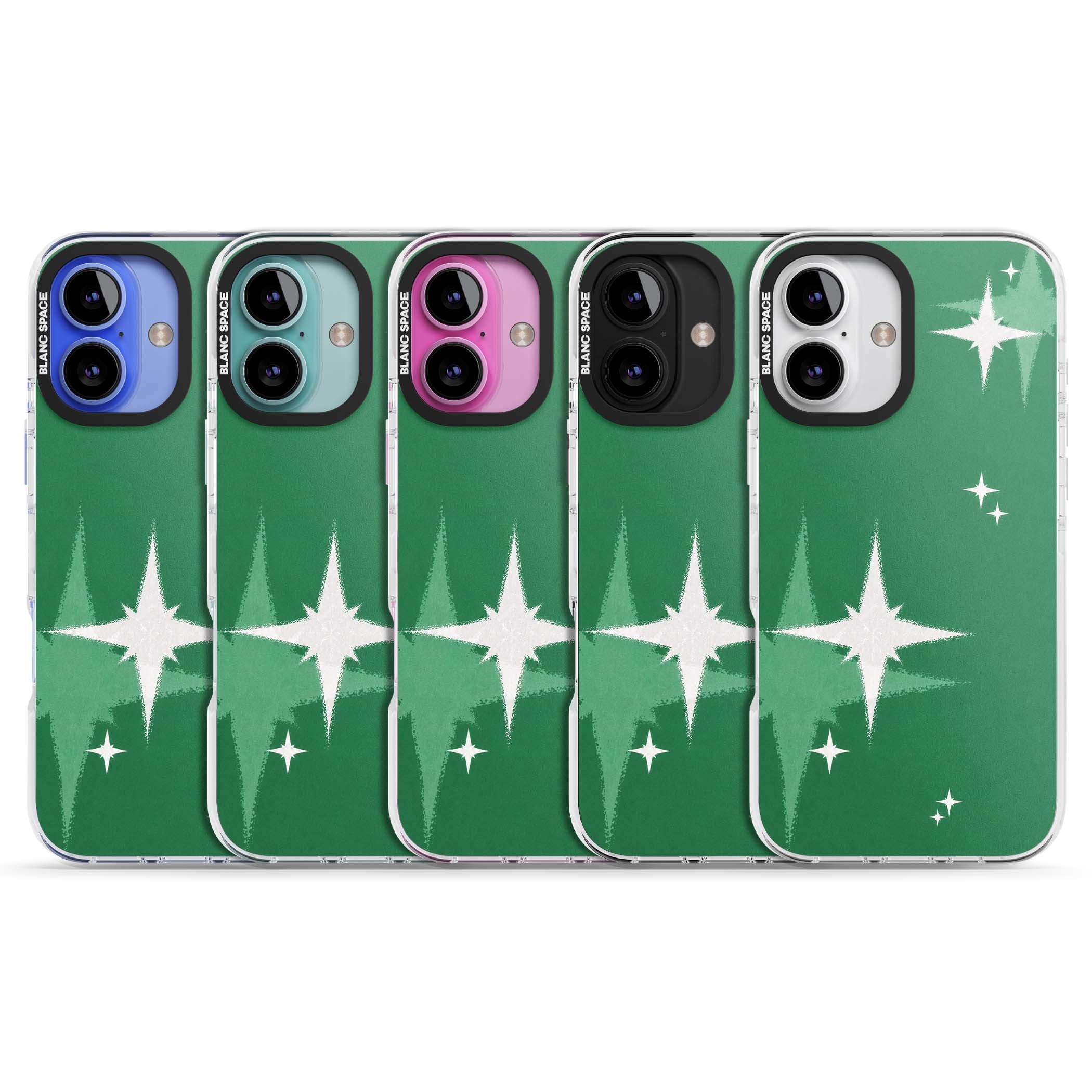 Green Sparkle celestial iPhone case featuring sparkling white four-point stars on a deep green background | Impact Magsafe case for iPhone 16, iPhone 16 Plus