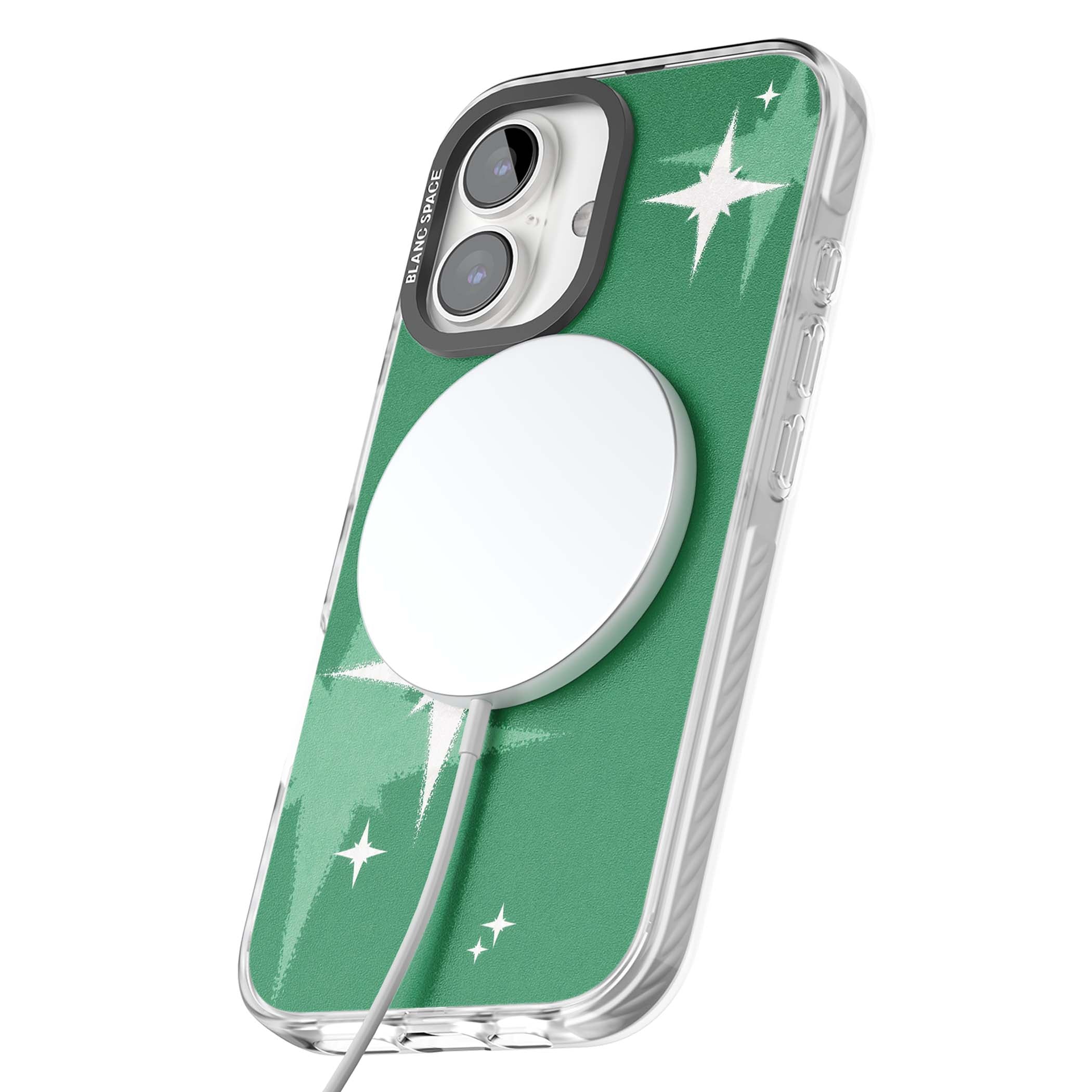 Green Sparkle celestial iPhone case featuring sparkling white four-point stars on a deep green background | Impact Magsafe case for iPhone 16, iPhone 16 Plus