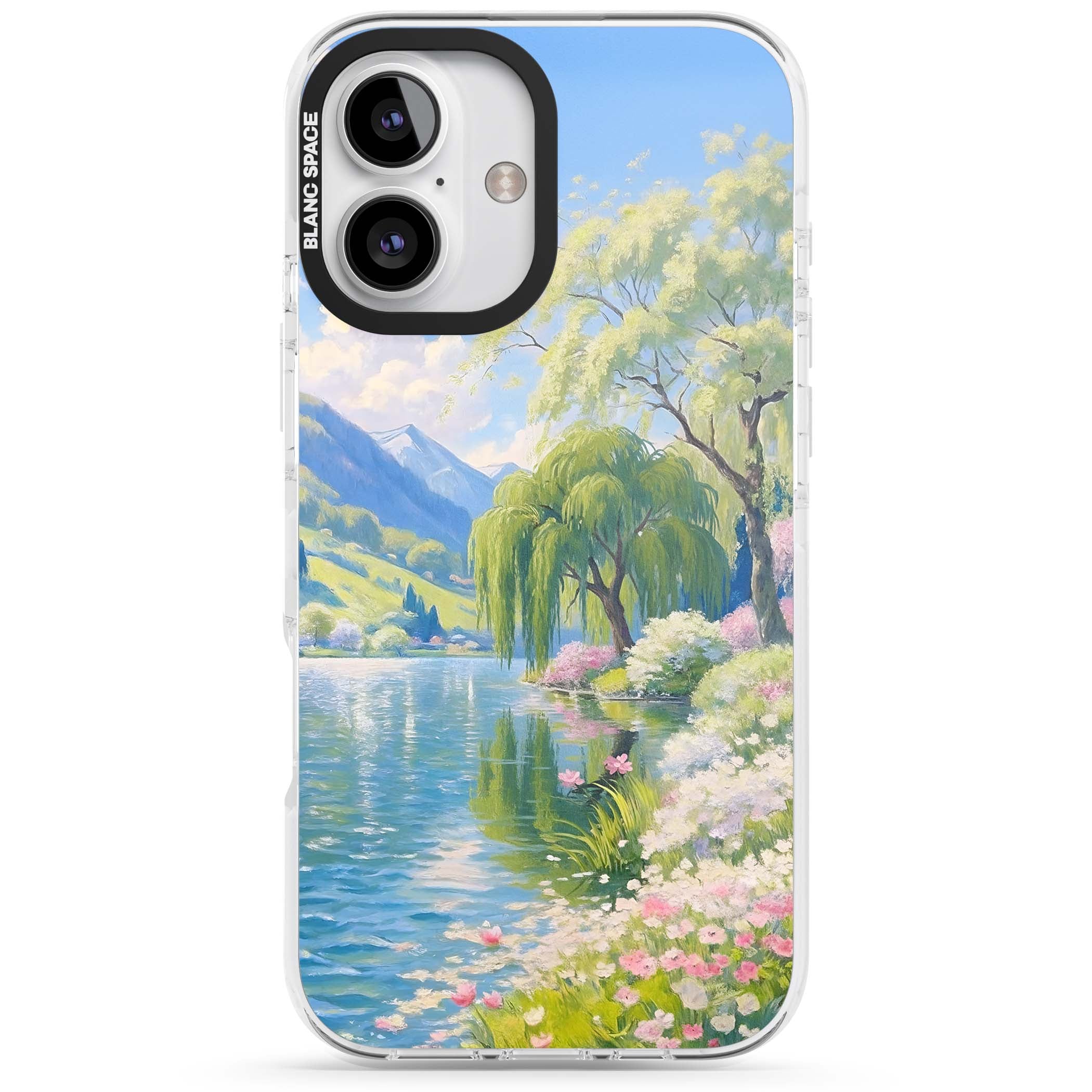 Willow Lake cottagecore iPhone case featuring a painted lakeside with weeping willow, blossoms and distant mountains | Impact Magsafe case for iPhone 16, iPhone 16 Plus