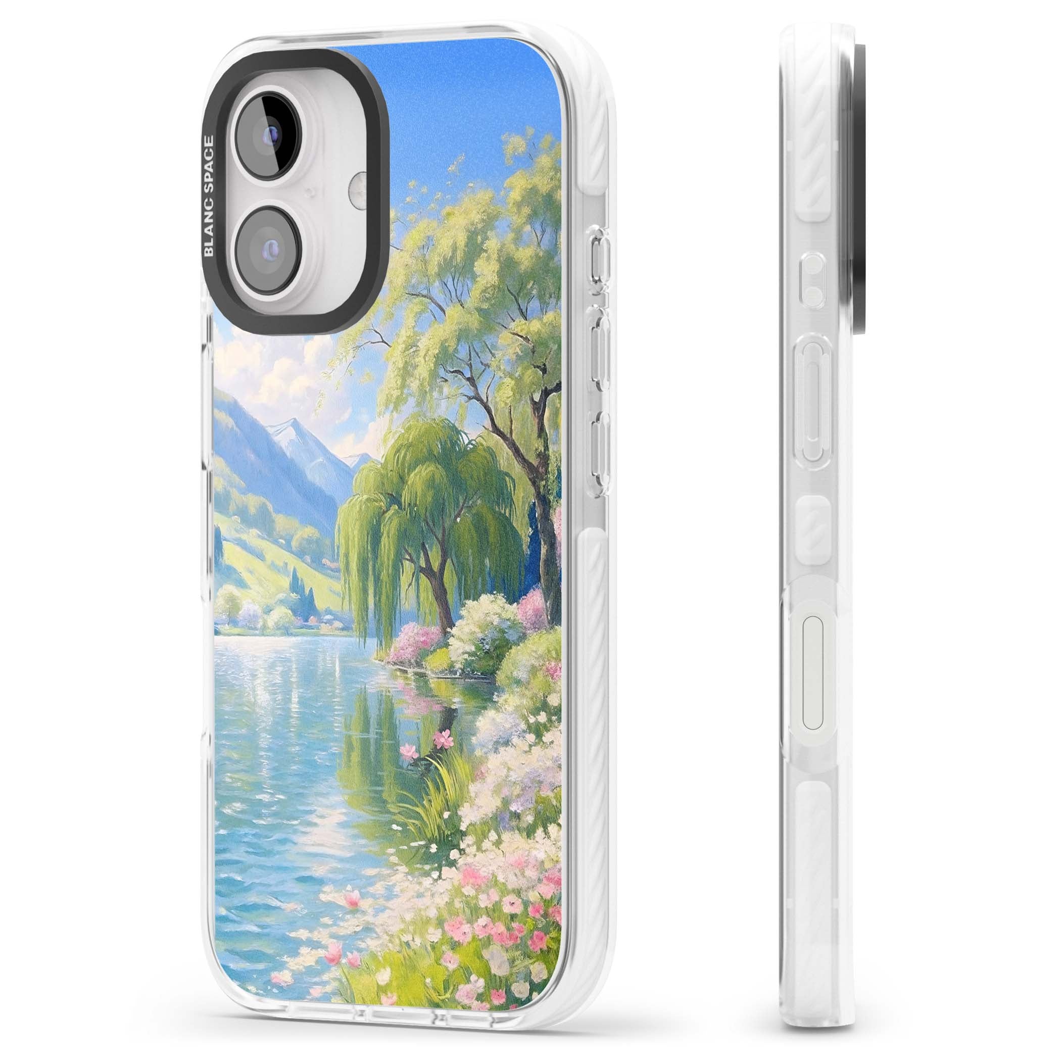 Willow Lake cottagecore iPhone case featuring a painted lakeside with weeping willow, blossoms and distant mountains | Impact Magsafe case for iPhone 16, iPhone 16 Plus