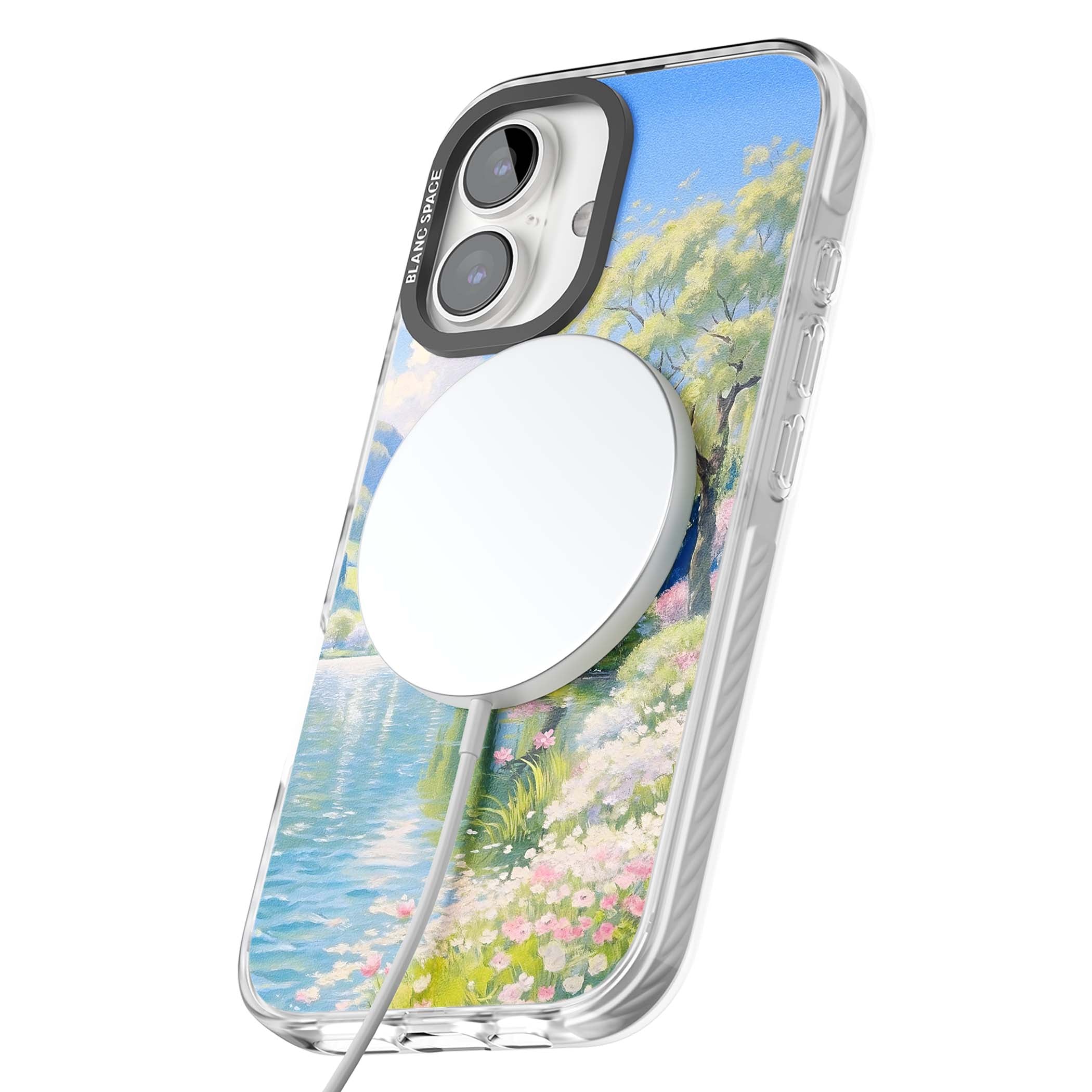 Willow Lake cottagecore iPhone case featuring a painted lakeside with weeping willow, blossoms and distant mountains | Impact Magsafe case for iPhone 16, iPhone 16 Plus