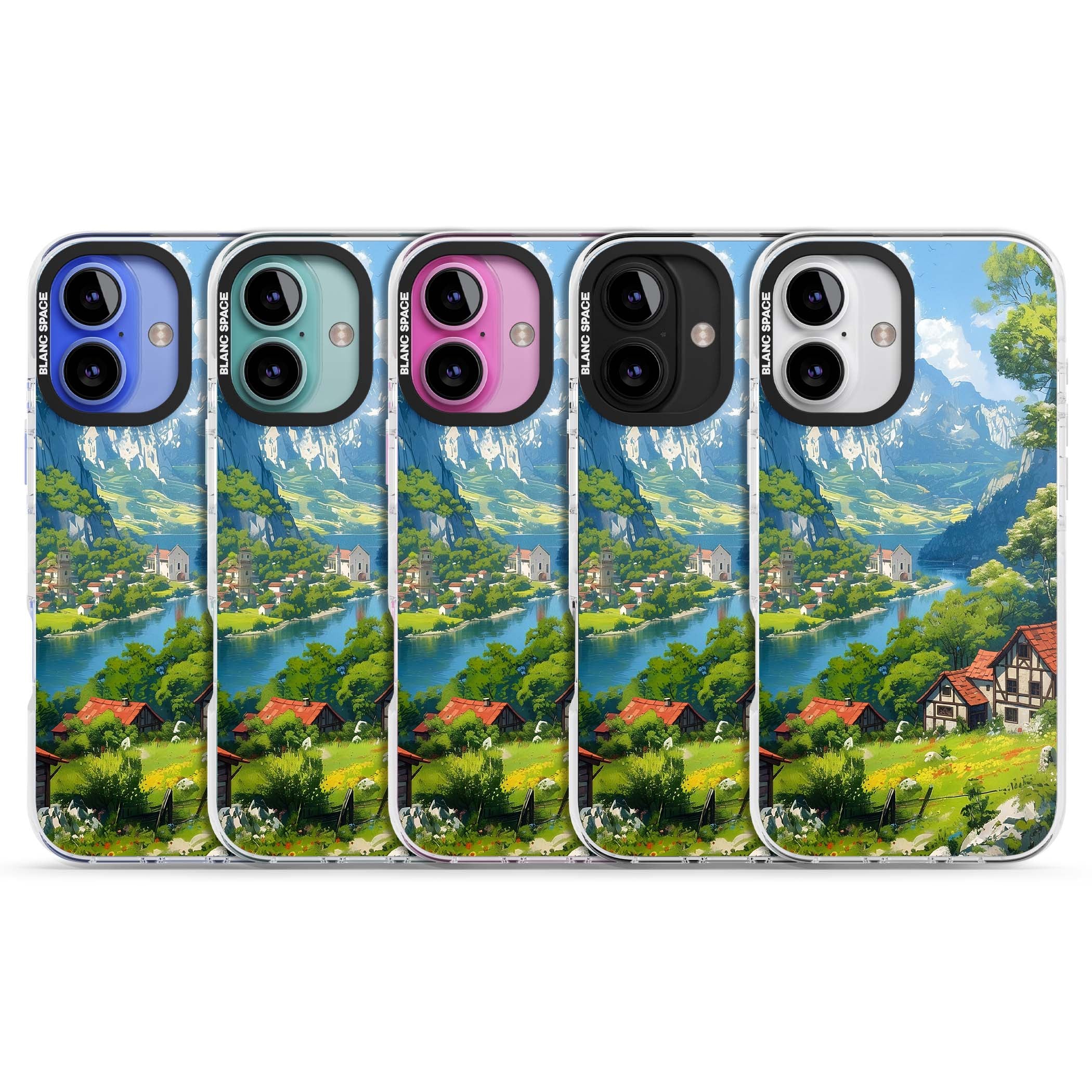 Village In The Valley anime iPhone case featuring a painted mountain village, river valley and half-timbered cottages. | Impact Magsafe case for iPhone 16, iPhone 16 Plus