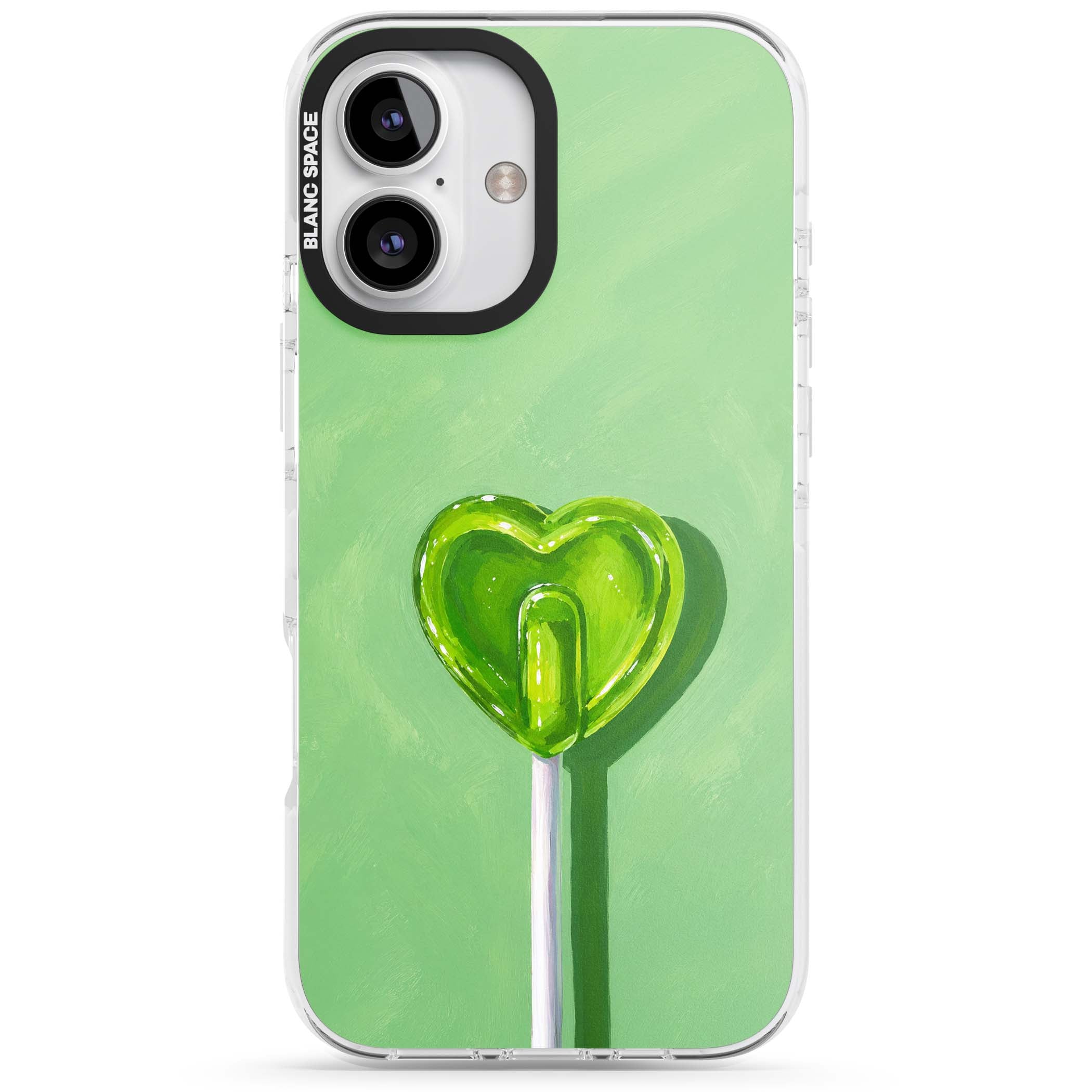Green Lollipop candy art iPhone case featuring a glossy green heart-shaped lollipop on a painted pastel green background | Impact Magsafe case for iPhone 16, iPhone 16 Plus