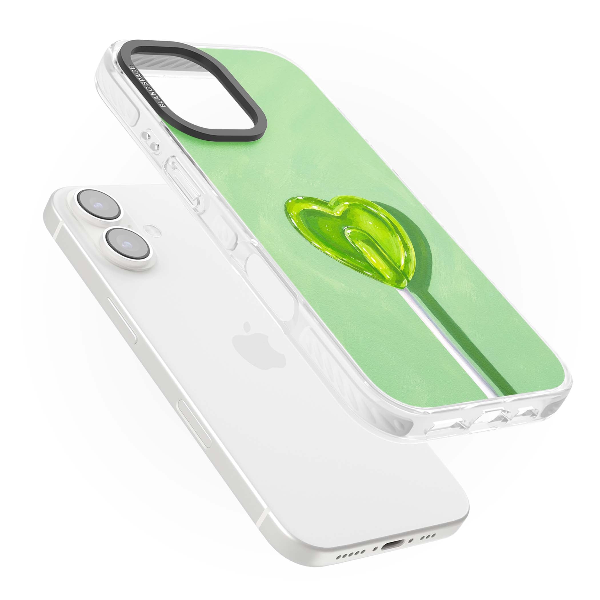Green Lollipop candy art iPhone case featuring a glossy green heart-shaped lollipop on a painted pastel green background | Impact Magsafe case for iPhone 16, iPhone 16 Plus