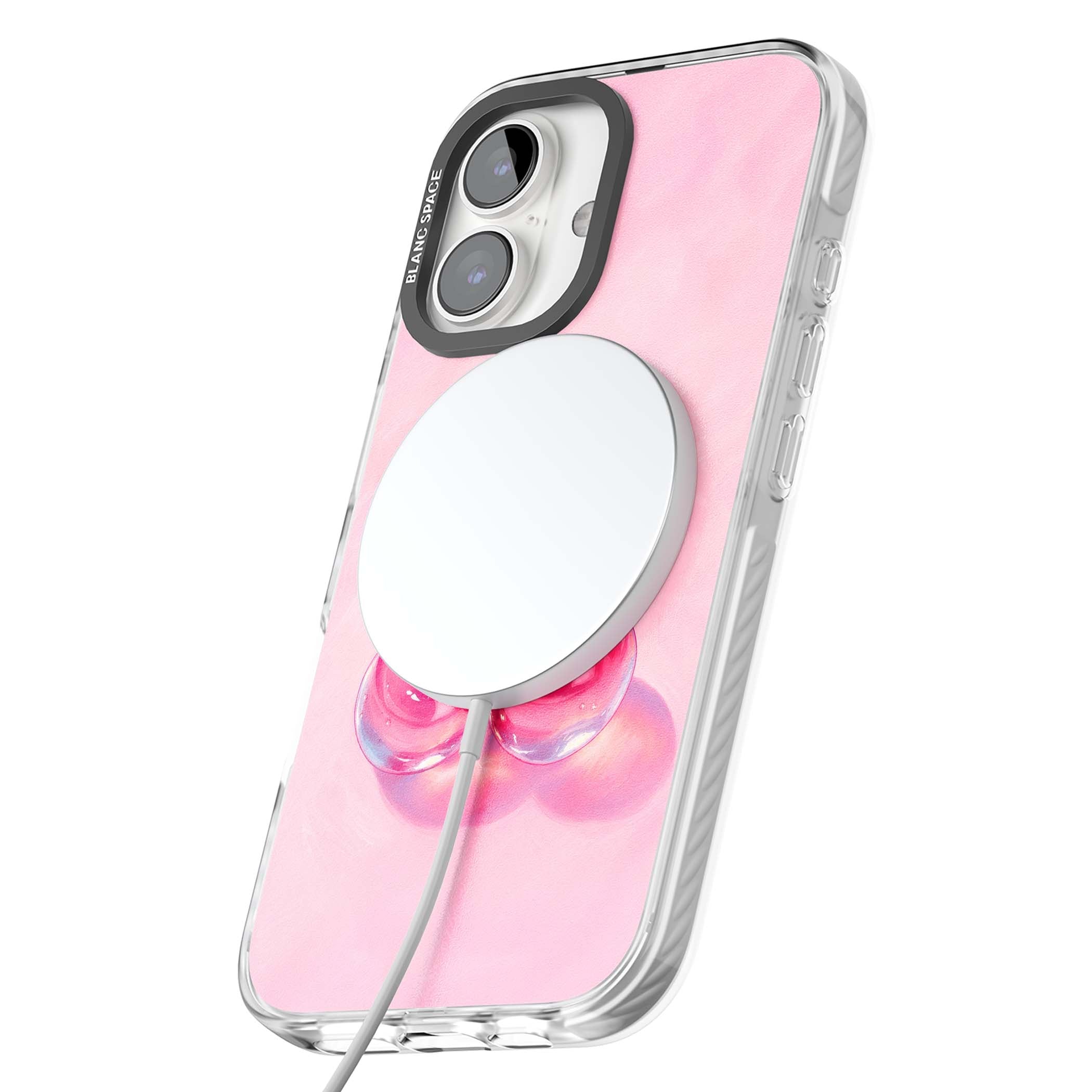 Pink Glass Cherry coquette iPhone case featuring two glossy painted cherries on a soft pink background | Impact Magsafe case for iPhone 16, iPhone 16 Plus
