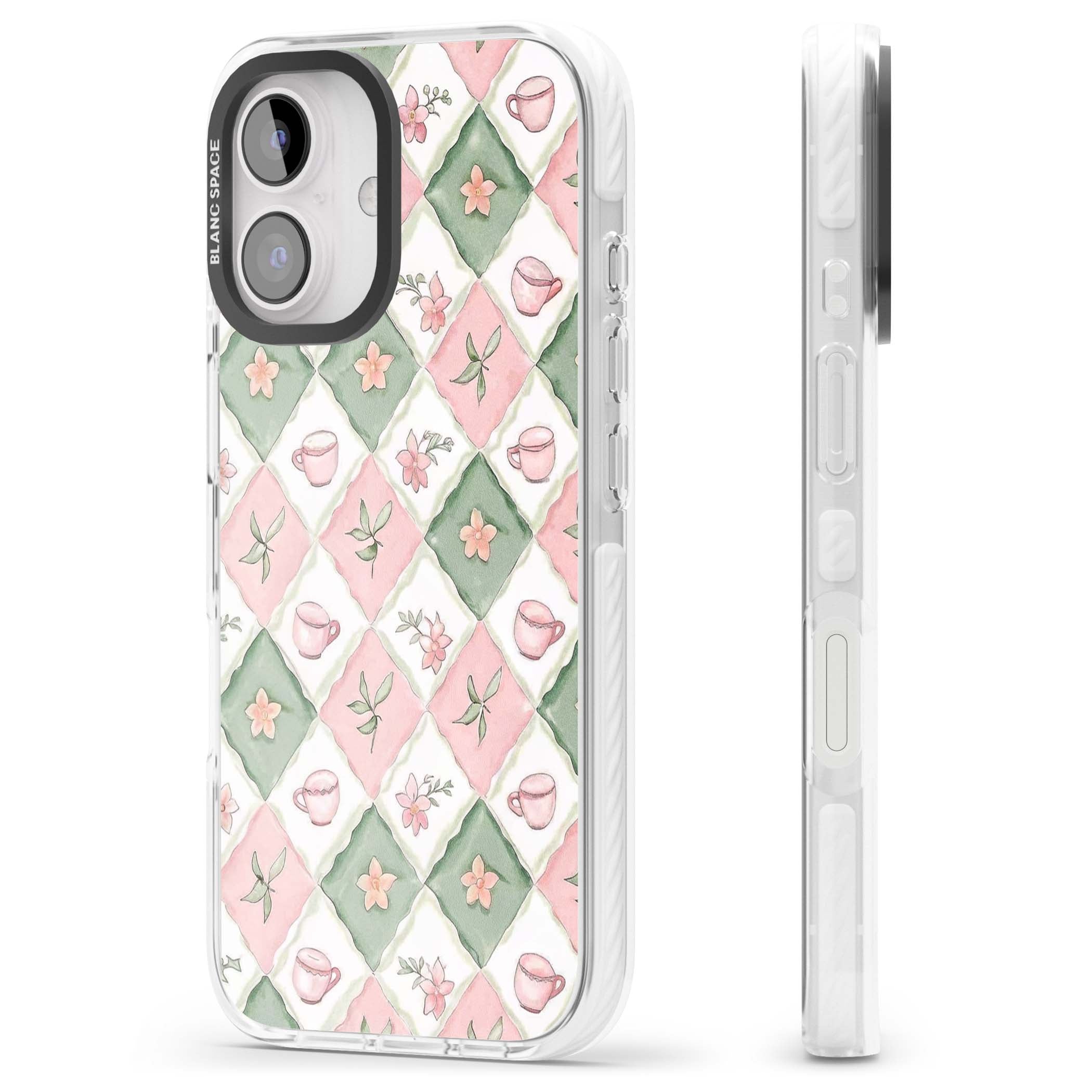 Garden Tea Party coquette iPhone case with pink and green checkered pattern, watercolour teacups and wildflowers | Impact Magsafe case for iPhone 16, iPhone 16 Plus