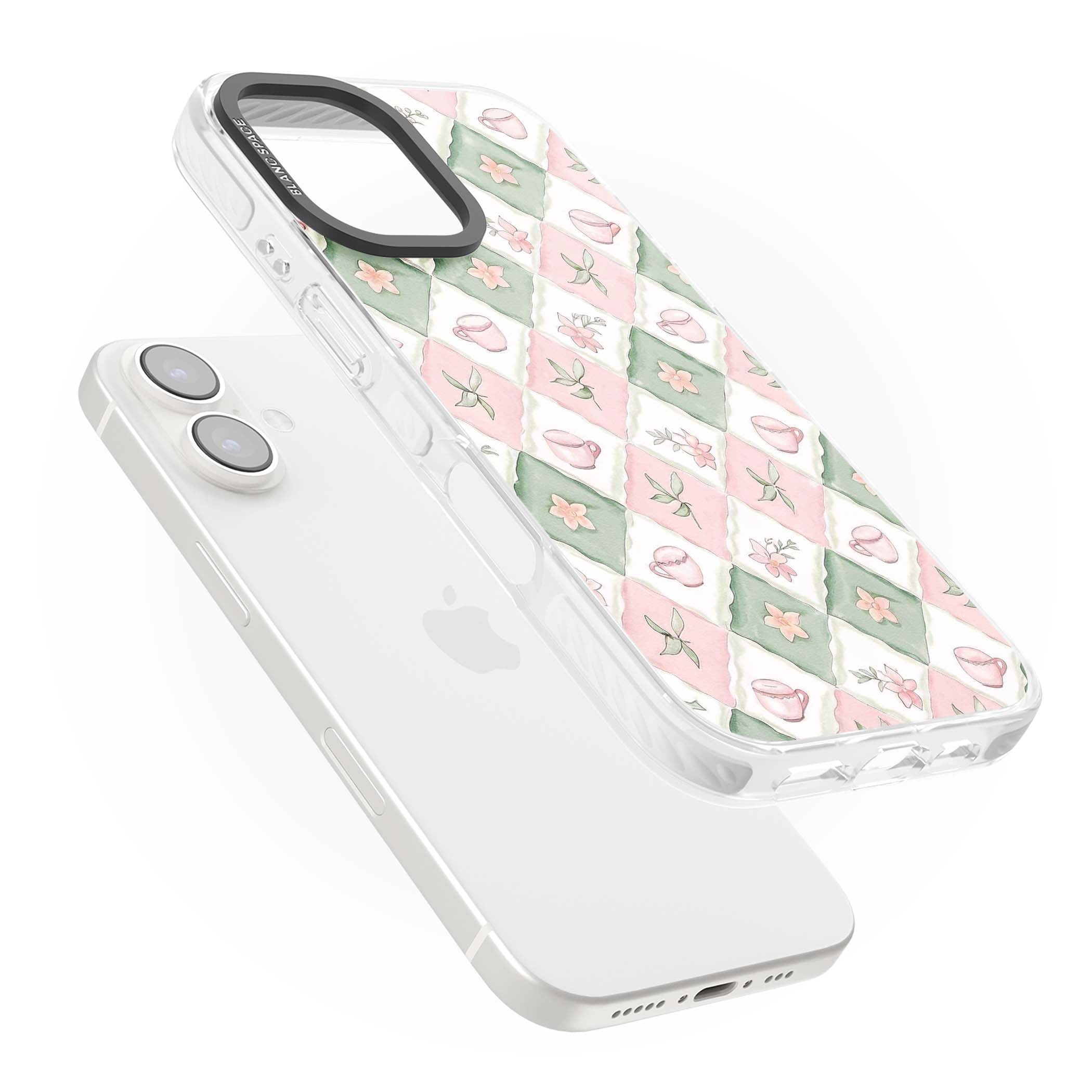 Garden Tea Party coquette iPhone case with pink and green checkered pattern, watercolour teacups and wildflowers | Impact Magsafe case for iPhone 16, iPhone 16 Plus
