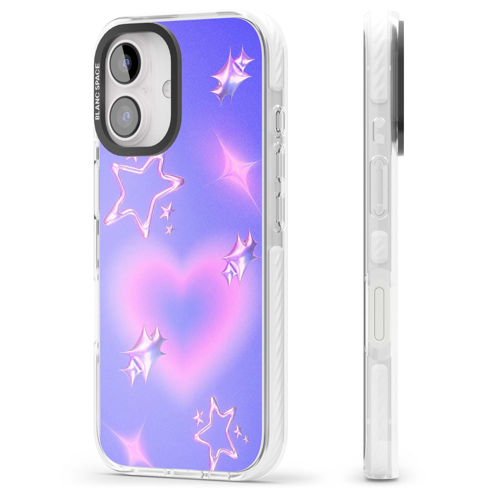 Soft Sugar Y2K iPhone case featuring iridescent chrome hearts, metallic pink stars and a lavender gradient sky | Impact Magsafe case for iPhone 16, iPhone 16 Plus