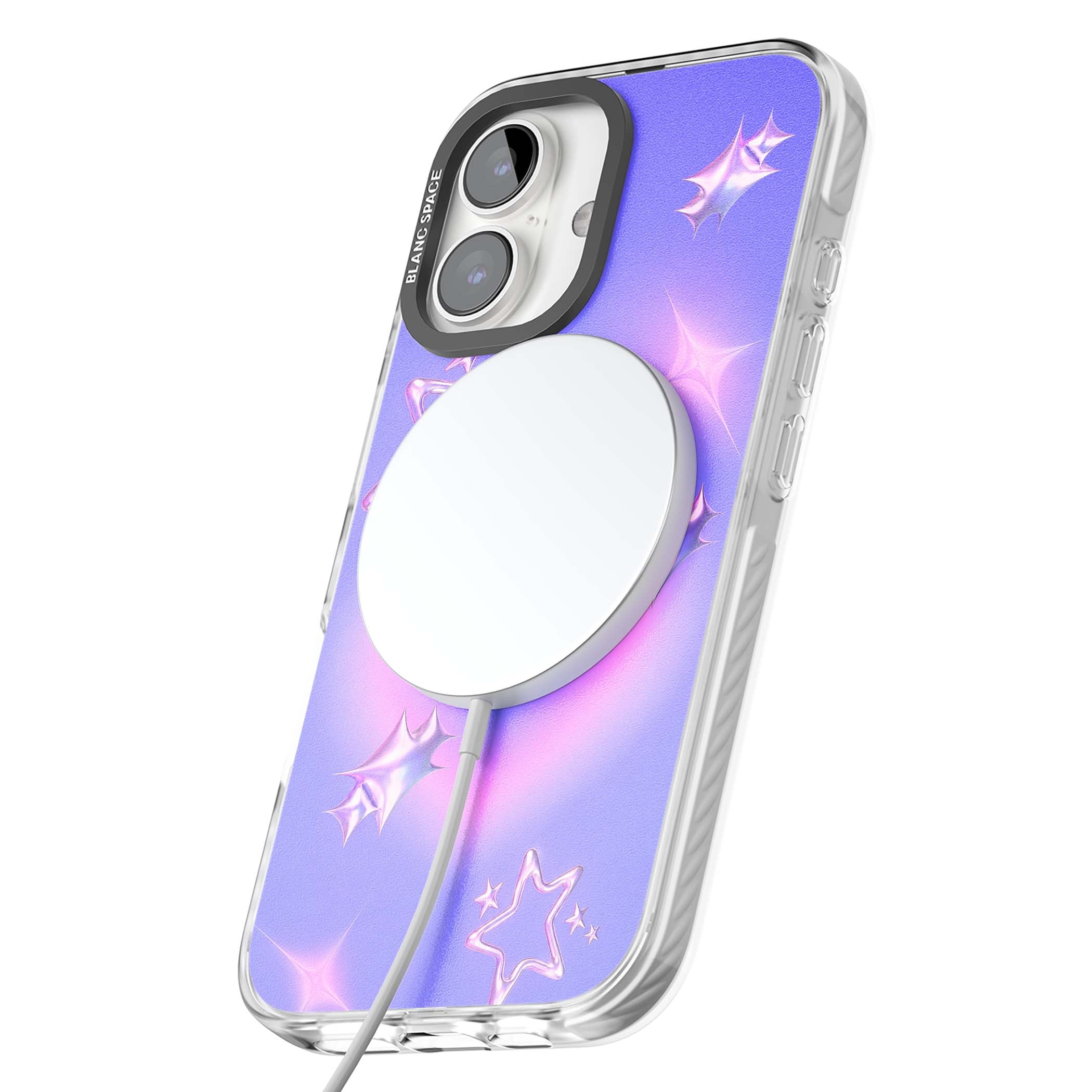 Soft Sugar Y2K iPhone case featuring iridescent chrome hearts, metallic pink stars and a lavender gradient sky | Impact Magsafe case for iPhone 16, iPhone 16 Plus