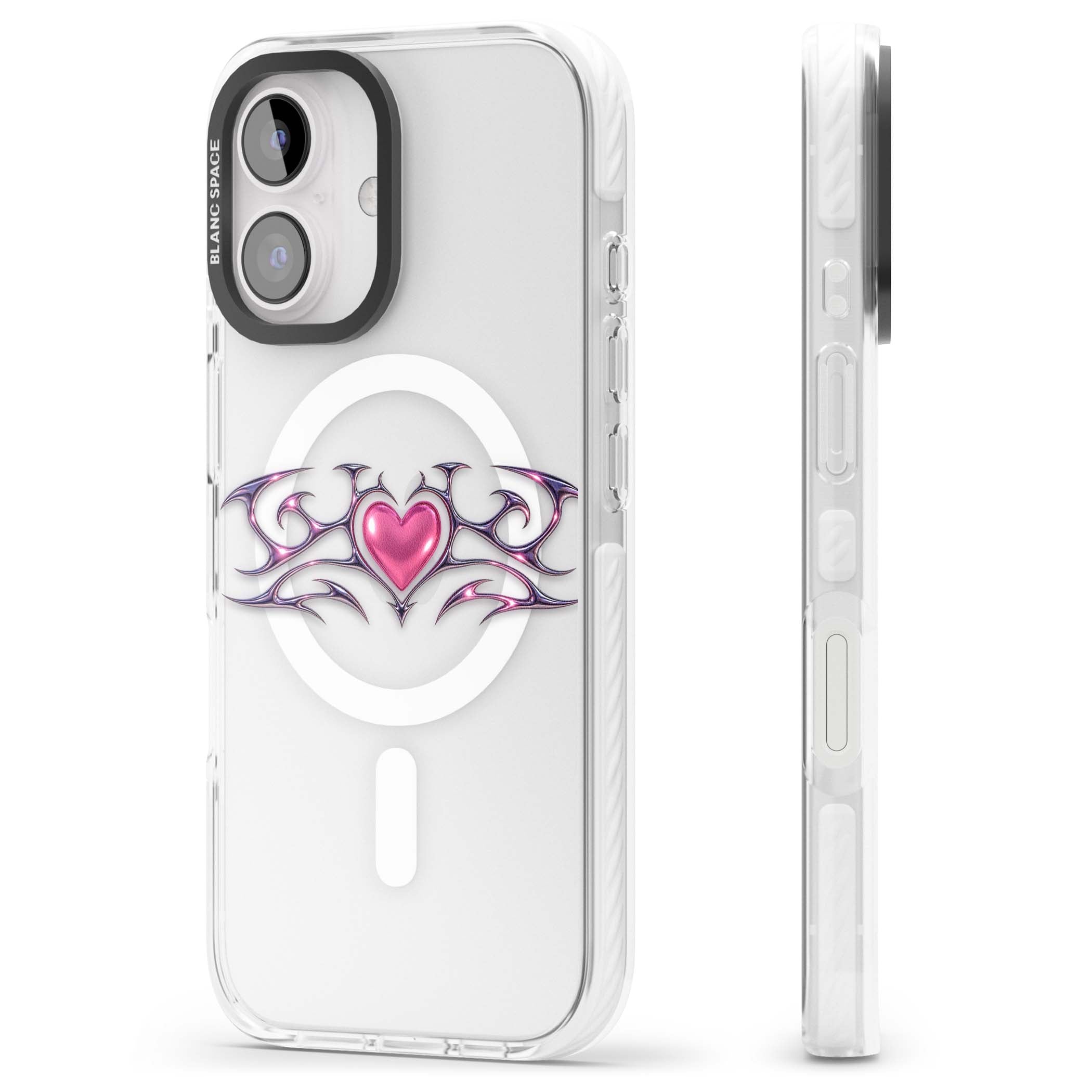 Pink Chrome Heart y2k iPhone case | Impact Magsafe case for iPhone 16, iPhone 16 Plus