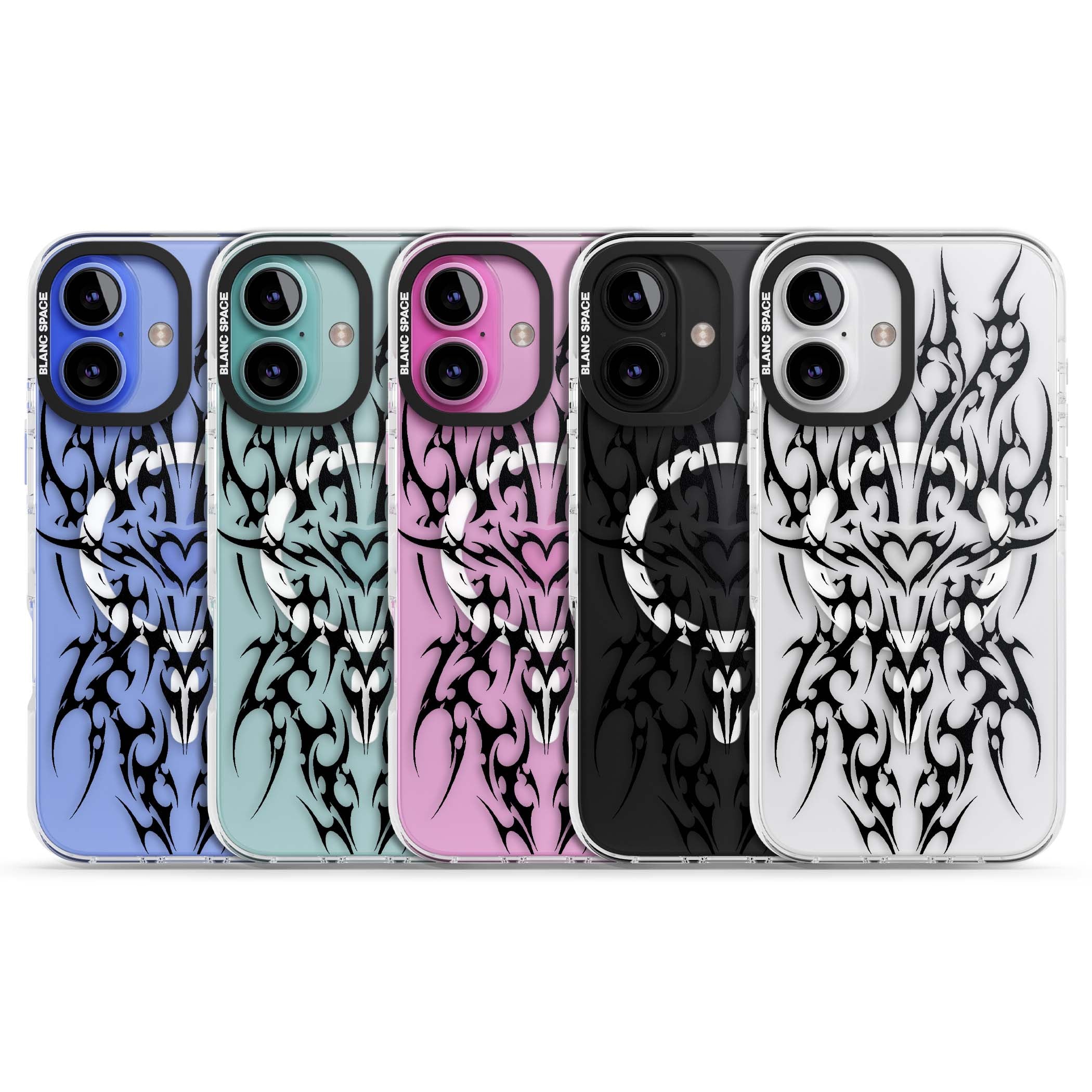 Neo Tribal Heart gothic iPhone case featuring symmetrical black tribal tattoo art with sharp thorn-like linework | Impact Magsafe case for iPhone 16, iPhone 16 Plus