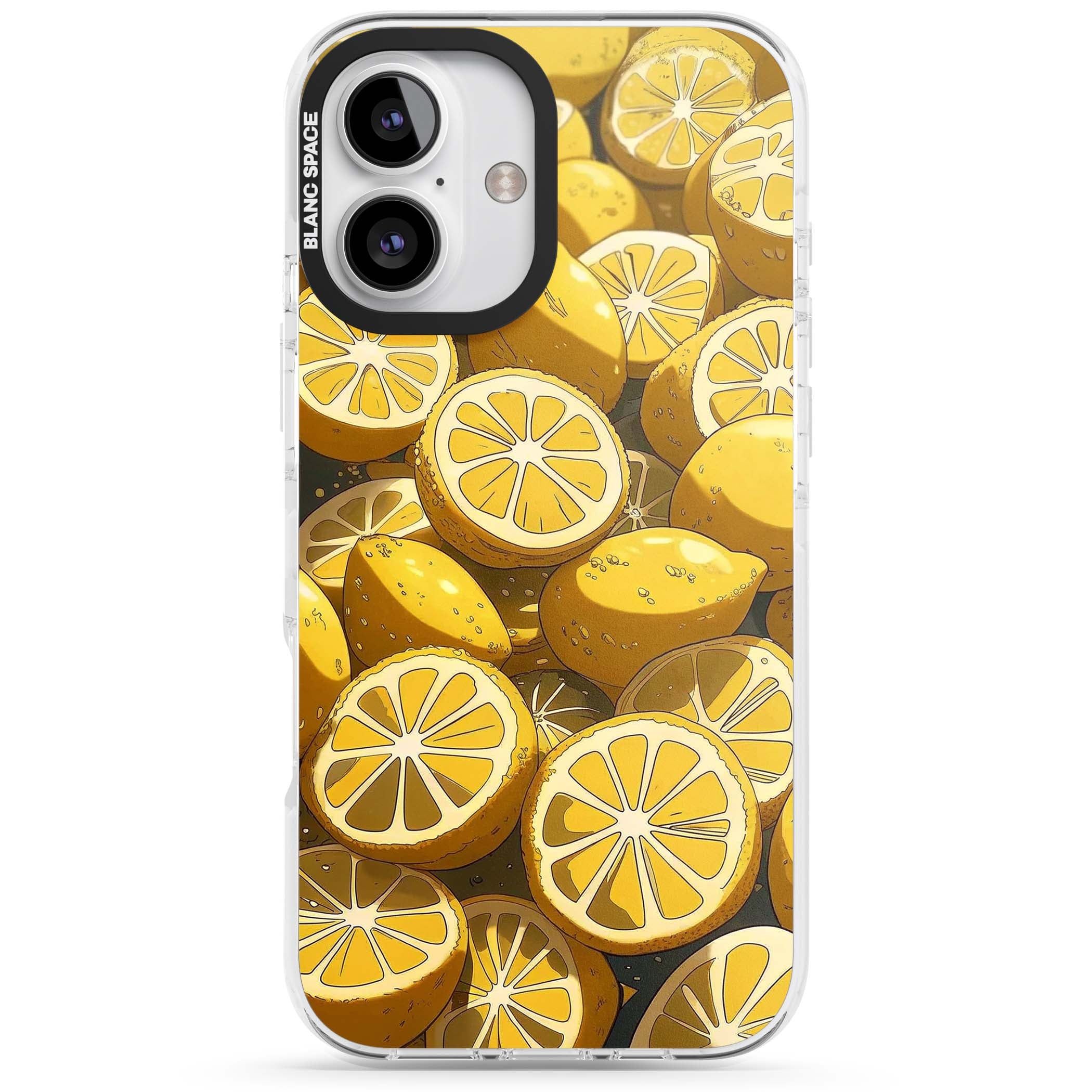 Zesty coastal iPhone case featuring illustrated Mediterranean lemons and citrus slices in golden yellow | Impact Magsafe case for iPhone 16, iPhone 16 Plus
