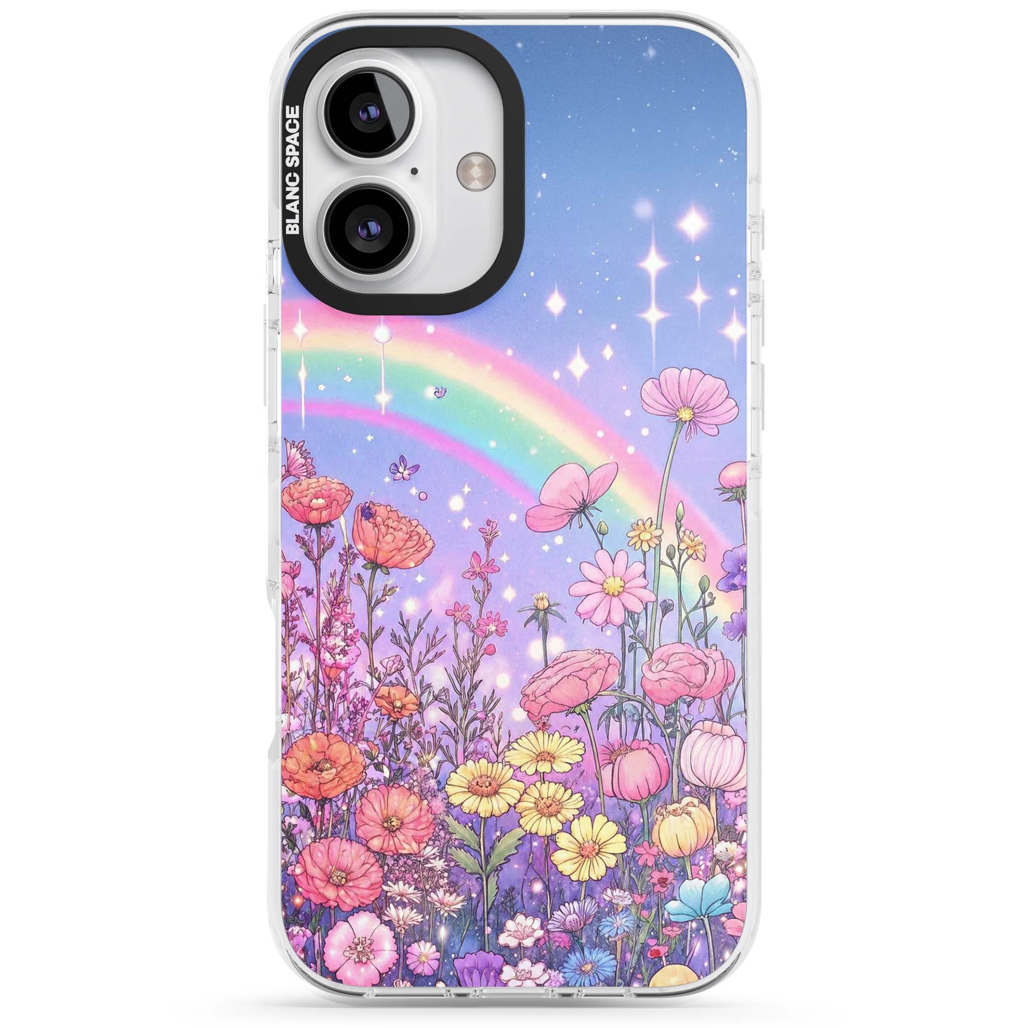 Magical Meadow fairycore iPhone case featuring a pastel rainbow, sparkling stars and a wildflower meadow | Clear Impact case for iPhone 16, iPhone 16 Plus