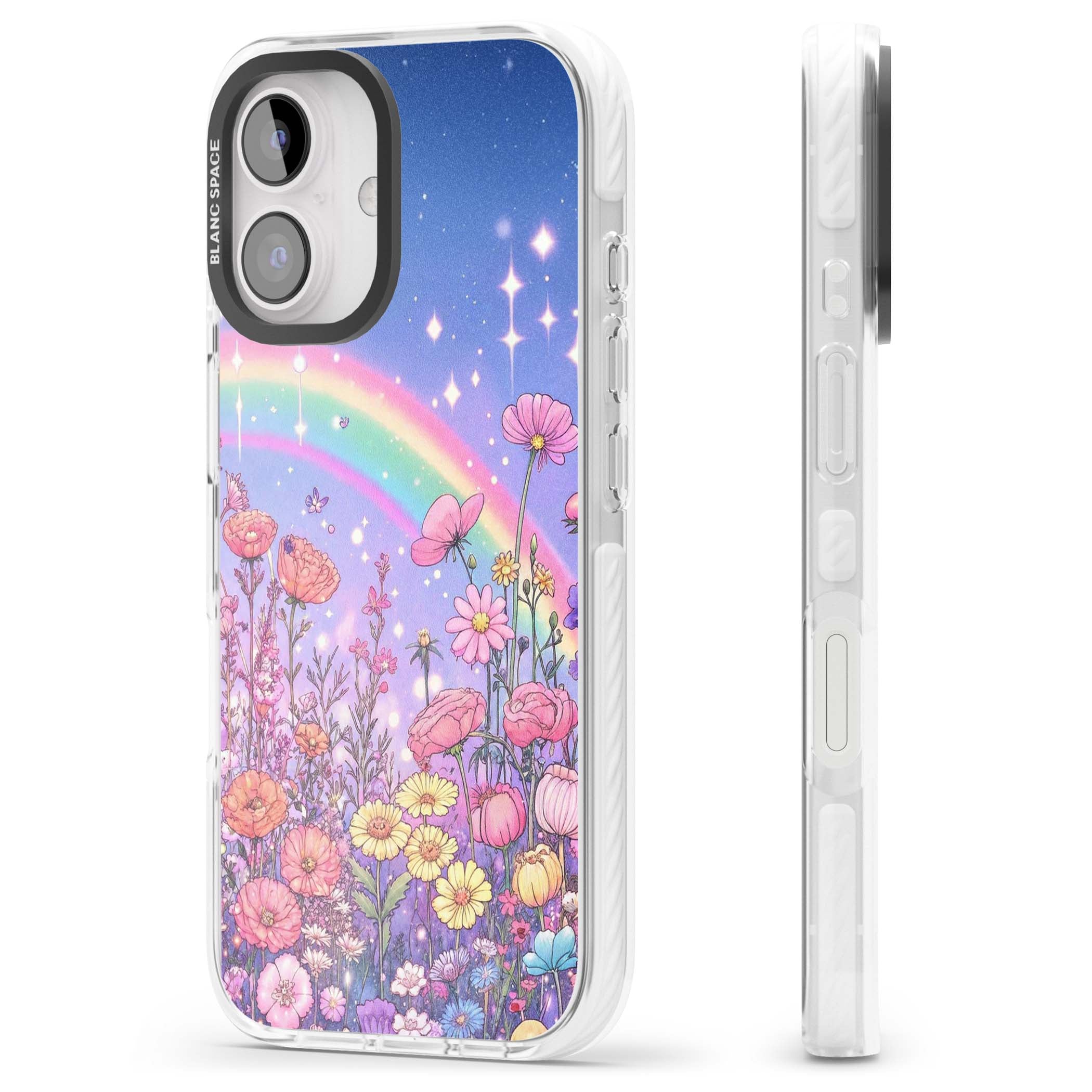 Magical Meadow fairycore iPhone case featuring a pastel rainbow, sparkling stars and a wildflower meadow | Clear Impact case for iPhone 16, iPhone 16 Plus