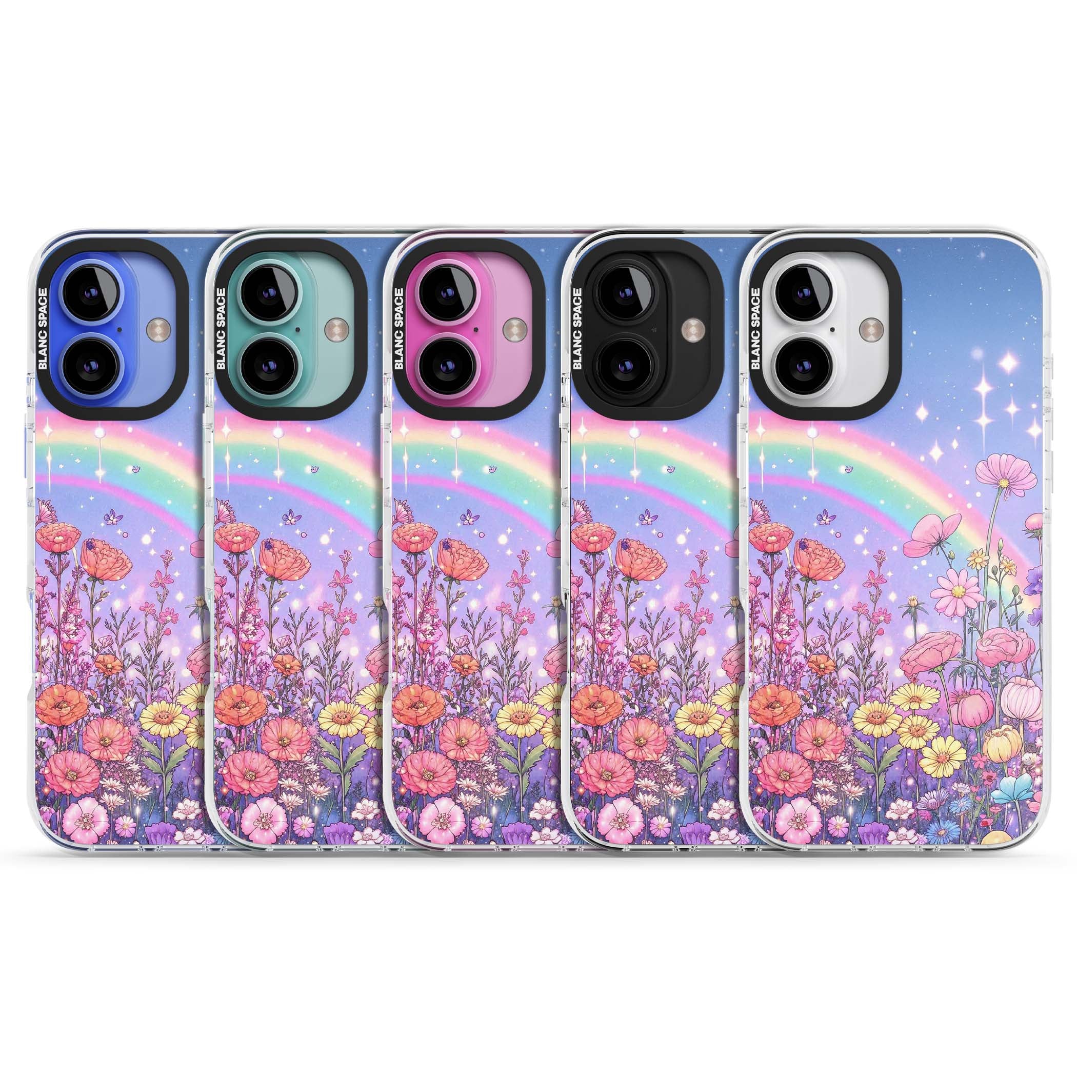 Magical Meadow fairycore iPhone case featuring a pastel rainbow, sparkling stars and a wildflower meadow | Clear Impact case for iPhone 16, iPhone 16 Plus