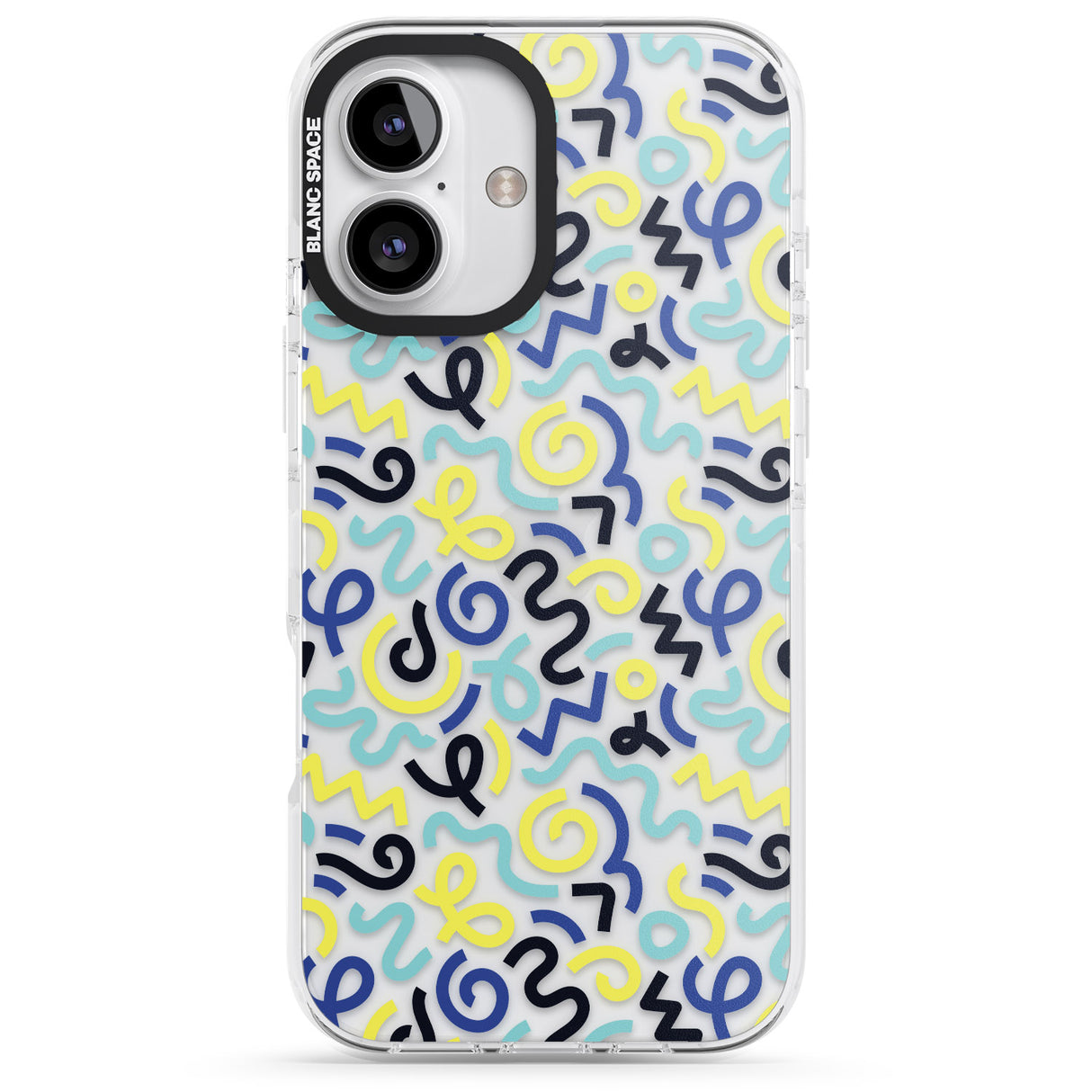 iPhone 16 Pro Max Blue & Yellow Shapes Memphis Retro Pattern Design Black Impact Phone Case