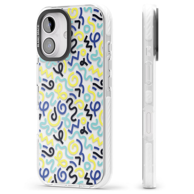 iPhone 16 Pro Max Blue & Yellow Shapes Memphis Retro Pattern Design Black Impact Phone Case