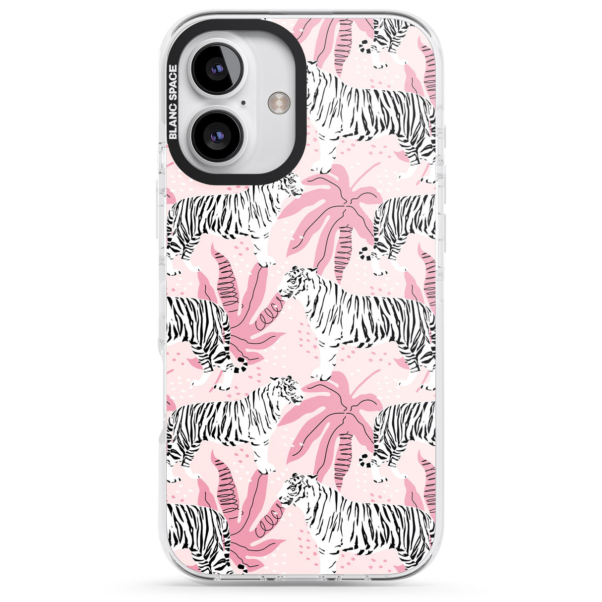 iPhone 16 Pro Max White Tigers on Pink Pattern Black Impact Phone Case