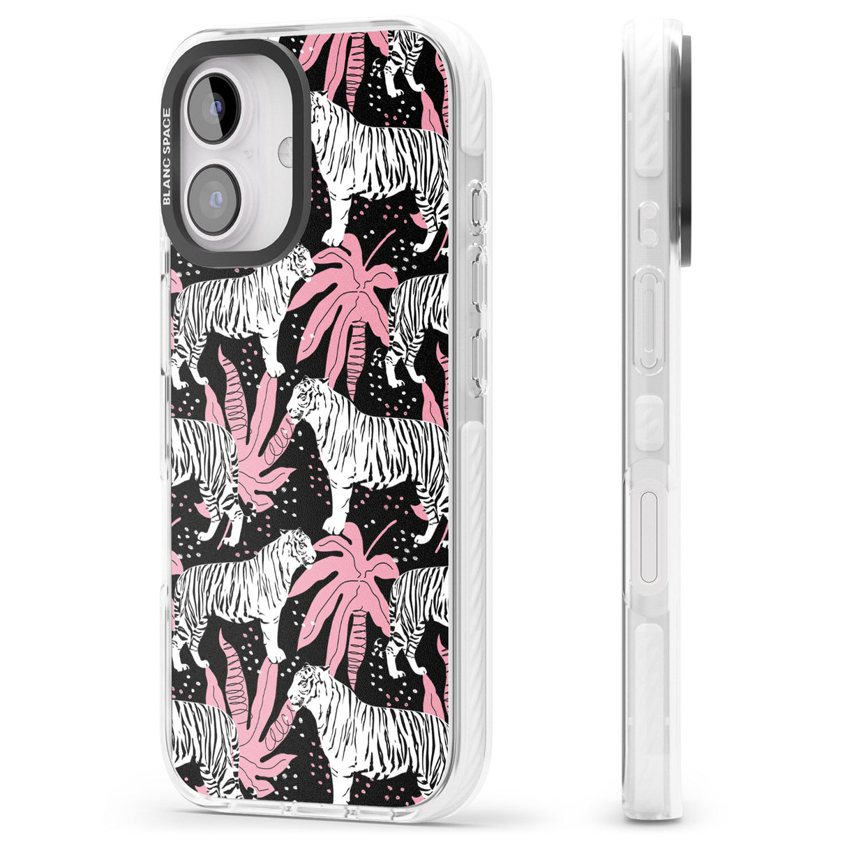 iPhone 16 Pro Max White Tigers on Black Pattern Black Impact Phone Case