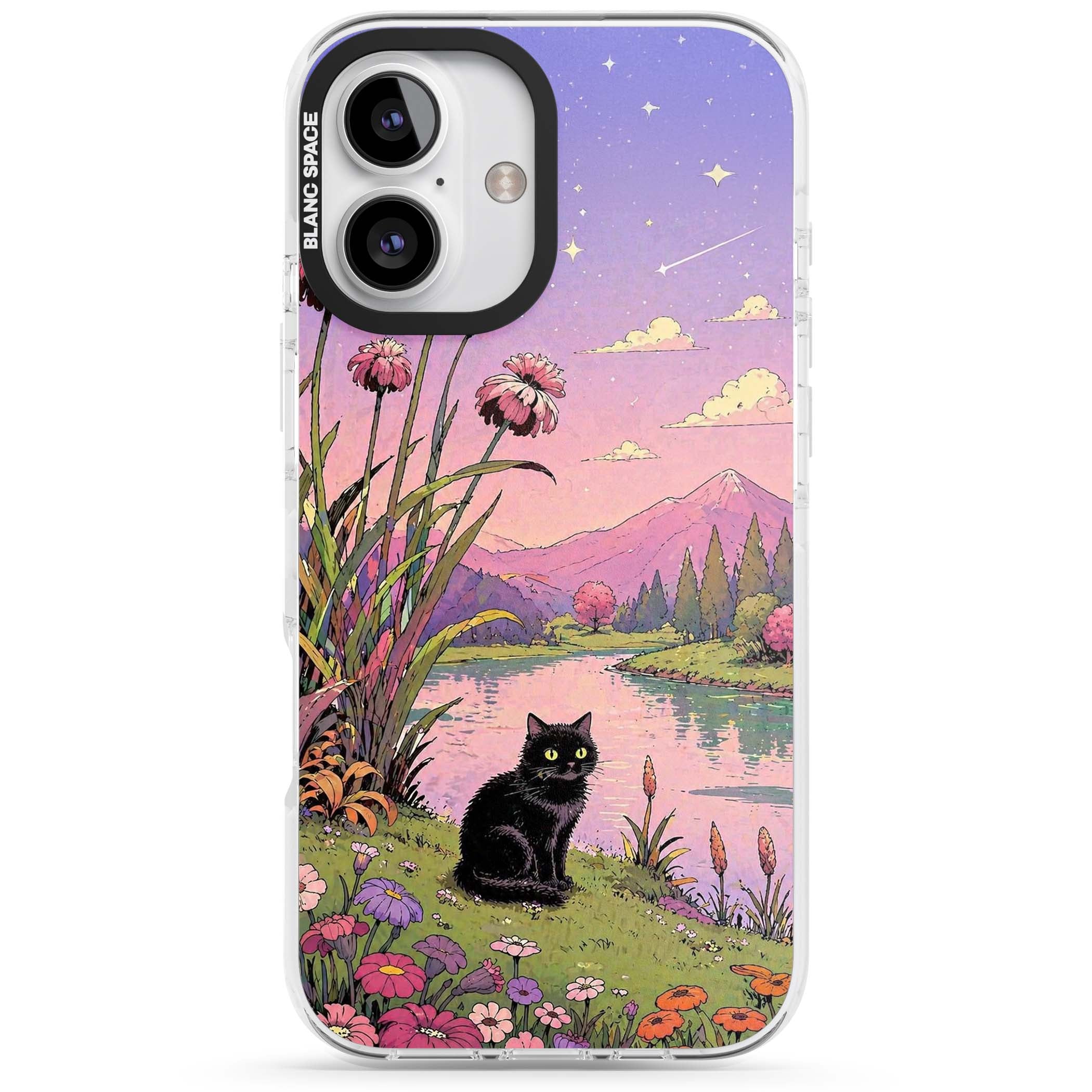 Mystic Whiskers ghibli iPhone case featuring a black cat by a pastel lake, wildflowers and a starry sunset sky | Clear Impact case for iPhone 16, iPhone 16 Plus